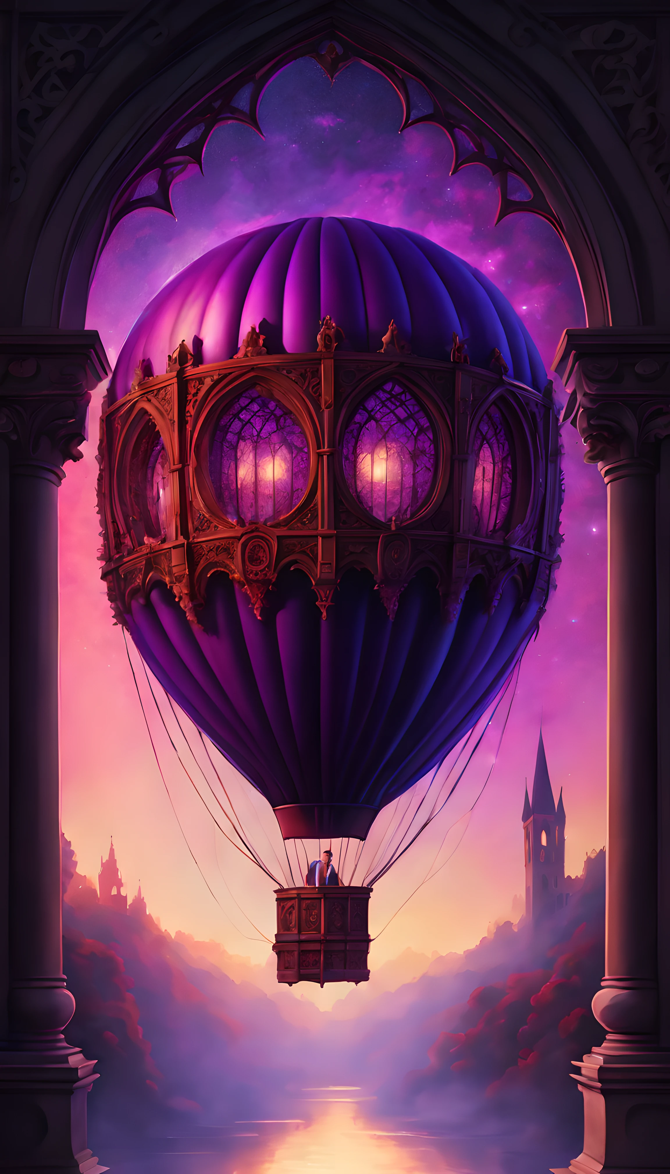 (epic drawing) of a big hot air balloon (inside an elegant gothic portal:1.3), falling romantic magical flows of purple petals, red moon, starry night, volumetric lighting