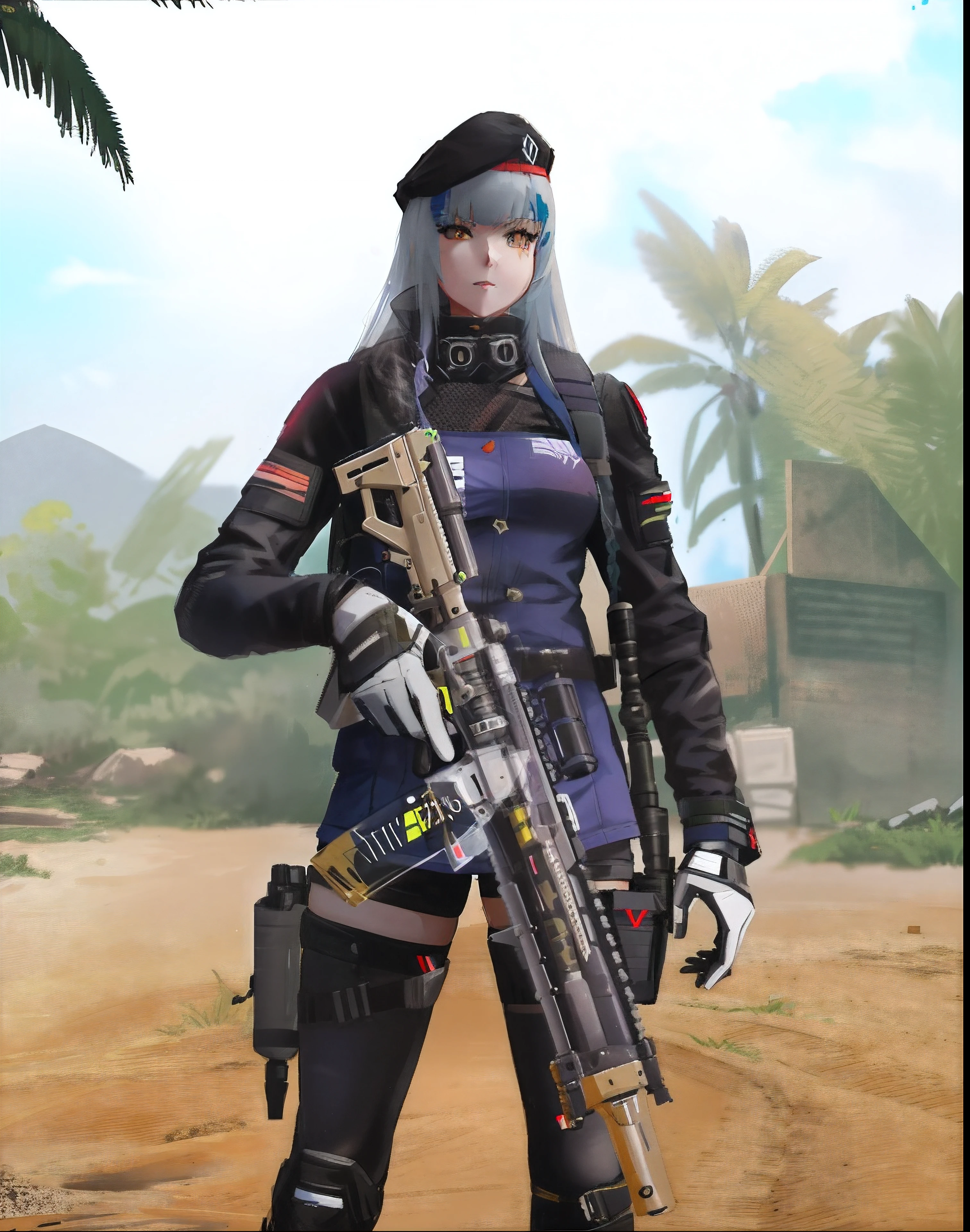 a close up of a person with a gun on a dirt ground, m4 sopmod ii girls frontline, mechanized soldier girl, in style of apex legends, infantry girl, girls frontline style, ready for combat, of a sniper girl in war, heavily armed, loba andrade from apex legends, wraith from apex legends, violet battlefield theme, soldier girl