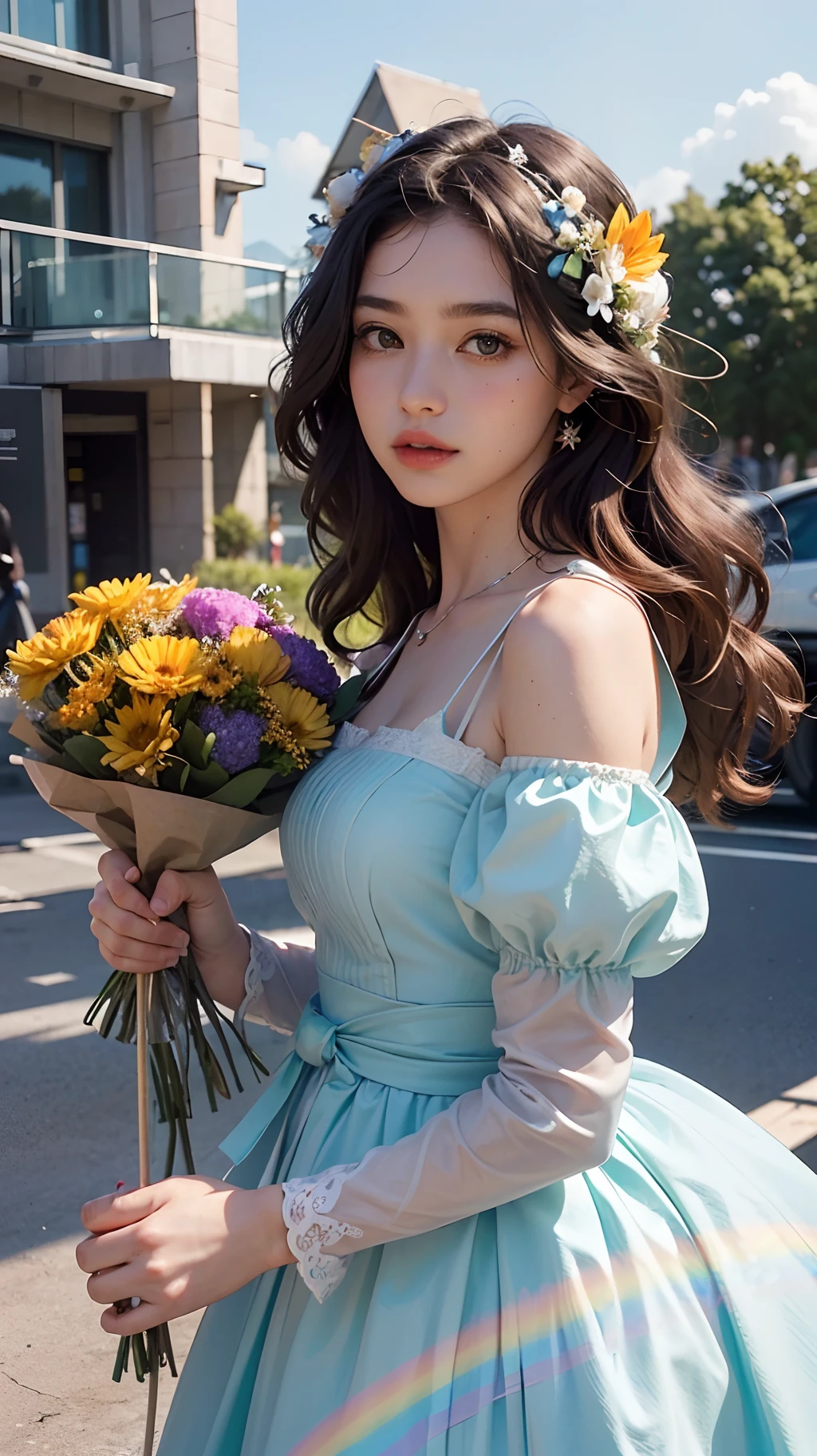 a high school girl holding a bouquet of flowers, beautiful detailed eyes, beautiful detailed lips, extremely detailed eyes and face, long eyelashes, detailed floral dress, tender smile, natural lighting, vibrant colors, cinematic lighting, ethereal, soft focus, highly detailed, photorealistic, 8k, masterpiece, fantasy, whimsical, warm color palette, ( idle:1.4),
