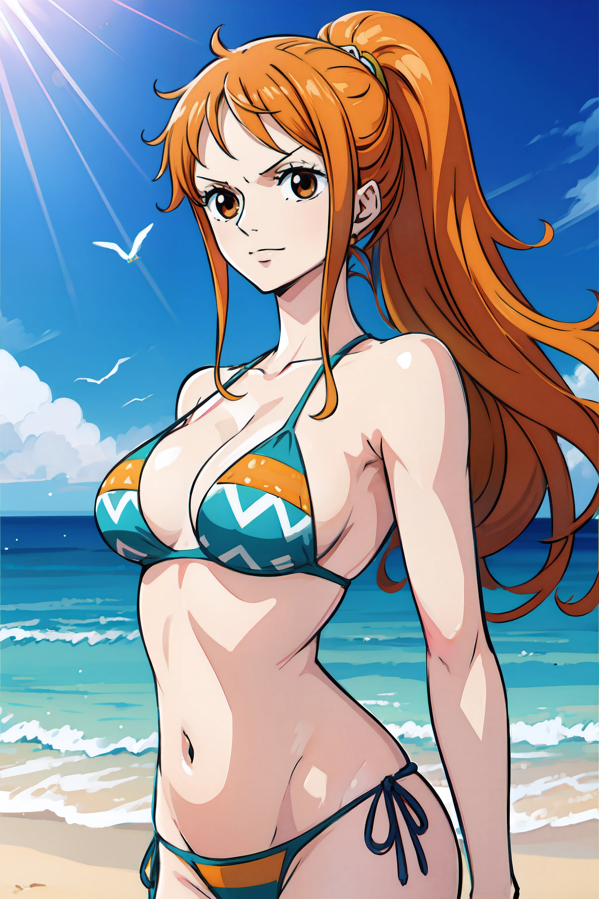 (Best Quality,A highly detailed,Realistic:1.37),anime art style,nami from one piece,Brown eyes,Long orange hair ponytail,Blushing,Wear a black bikini,Stand on a sandy beach, Gentle ocean waves in the background, Bright sunlight shines on them,Seagulls flying in the sky,Sparkling blue sea water,Detailed sandy tapestry on the beach,Shades cast by palm trees, vibrant colours, dynamic pose, Fun expression.