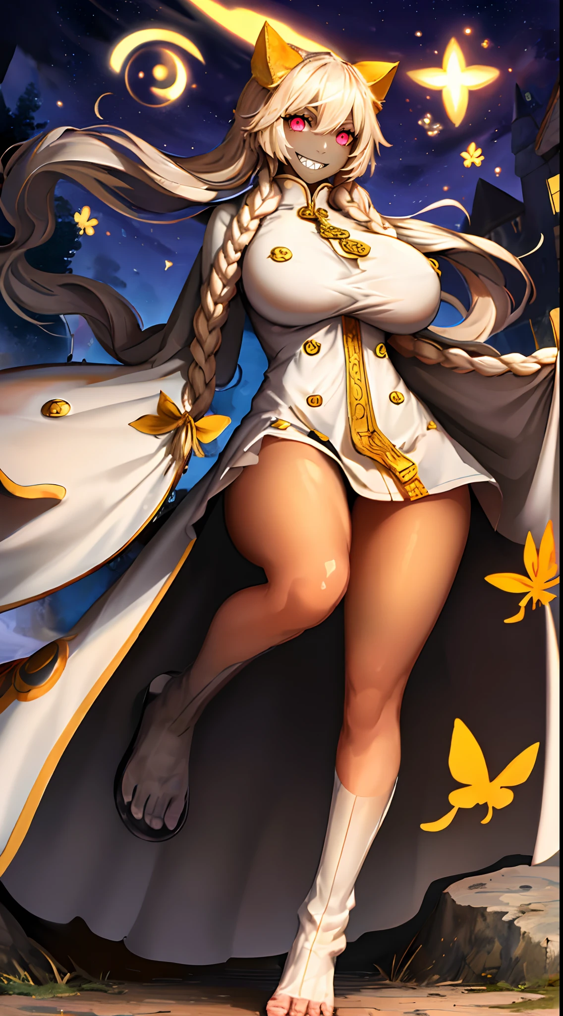 taokaka,,huge breast, , female,fantasy goddess,there is a cartoon picture of a woman with a very large breast, glowing angelic being, glowing holy aura, inspired by Luma Rouge, the non-binary deity of spring, ethereal rainbow nimbus, the butterfly goddess of fire, inspired by Marie Angel, glowing aura around her, astral fairy, as the goddess of the sun, “uwu the prismatic person, big breast, happy, beautiful eyes, , full body, walking, long robe, long dre, catgirlss,, priestess ,holy, smile, long dress, brown hair, female,red eyes, black robe with stars symbolism, full body, flipflops,(best quality,4k,8k,highres,masterpiece:1.2),ultra-detailed,(:1.37),black robe with blue stars simbolism, girl with queen crown,beautiful detailed eyes,beautiful detailed lips,extremely detailed eyes and face,longeyelashes,golden crown adorned with diamonds,glowing blue stars on the robe,glittering pearls entwined in hair,royal purple backdrop,sparkling tiara,rich textures and fabrics,regal posture,confident expression,majestic aura,ethereal lighting,hauntingly beautiful atmosphere,elegant and magical,enchanted garden in the background,floating golden particles,subtle reflections on the crown,sublime tranquility,depth and mystery,sophisticated and regal,impeccable attention to detail,captivating and enchanting,ethereal and divine,fantasy-inspired artwork,dreamlike and surreal,celestial beauty and elegance,dark and mysterious,royal and majestic vibes,meticulous craftsmanship,vivid colors,whimsical and otherworldly., pants,sharpteeth ,black hair, cat ears, full body, smile