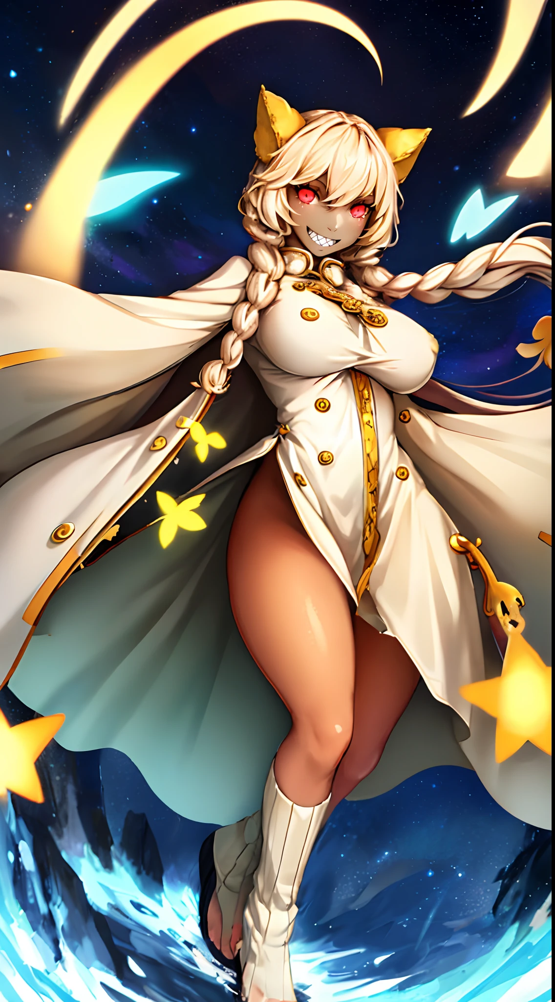 taokaka,,huge breast, , female,fantasy goddess,there is a cartoon picture of a woman with a very large breast, glowing angelic being, glowing holy aura, inspired by Luma Rouge, the non-binary deity of spring, ethereal rainbow nimbus, the butterfly goddess of fire, inspired by Marie Angel, glowing aura around her, astral fairy, as the goddess of the sun, “uwu the prismatic person, big breast, happy, beautiful eyes, , full body, walking, long robe, long dre, catgirlss,, priestess ,holy, smile, long dress, brown hair, female,red eyes, black robe with stars symbolism, full body, flipflops,(best quality,4k,8k,highres,masterpiece:1.2),ultra-detailed,(:1.37),black robe with blue stars simbolism, girl with queen crown,beautiful detailed eyes,beautiful detailed lips,extremely detailed eyes and face,longeyelashes,golden crown adorned with diamonds,glowing blue stars on the robe,glittering pearls entwined in hair,royal purple backdrop,sparkling tiara,rich textures and fabrics,regal posture,confident expression,majestic aura,ethereal lighting,hauntingly beautiful atmosphere,elegant and magical,enchanted garden in the background,floating golden particles,subtle reflections on the crown,sublime tranquility,depth and mystery,sophisticated and regal,impeccable attention to detail,captivating and enchanting,ethereal and divine,fantasy-inspired artwork,dreamlike and surreal,celestial beauty and elegance,dark and mysterious,royal and majestic vibes,meticulous craftsmanship,vivid colors,whimsical and otherworldly., pants,sharpteeth ,black hair, cat ears, full body, smile