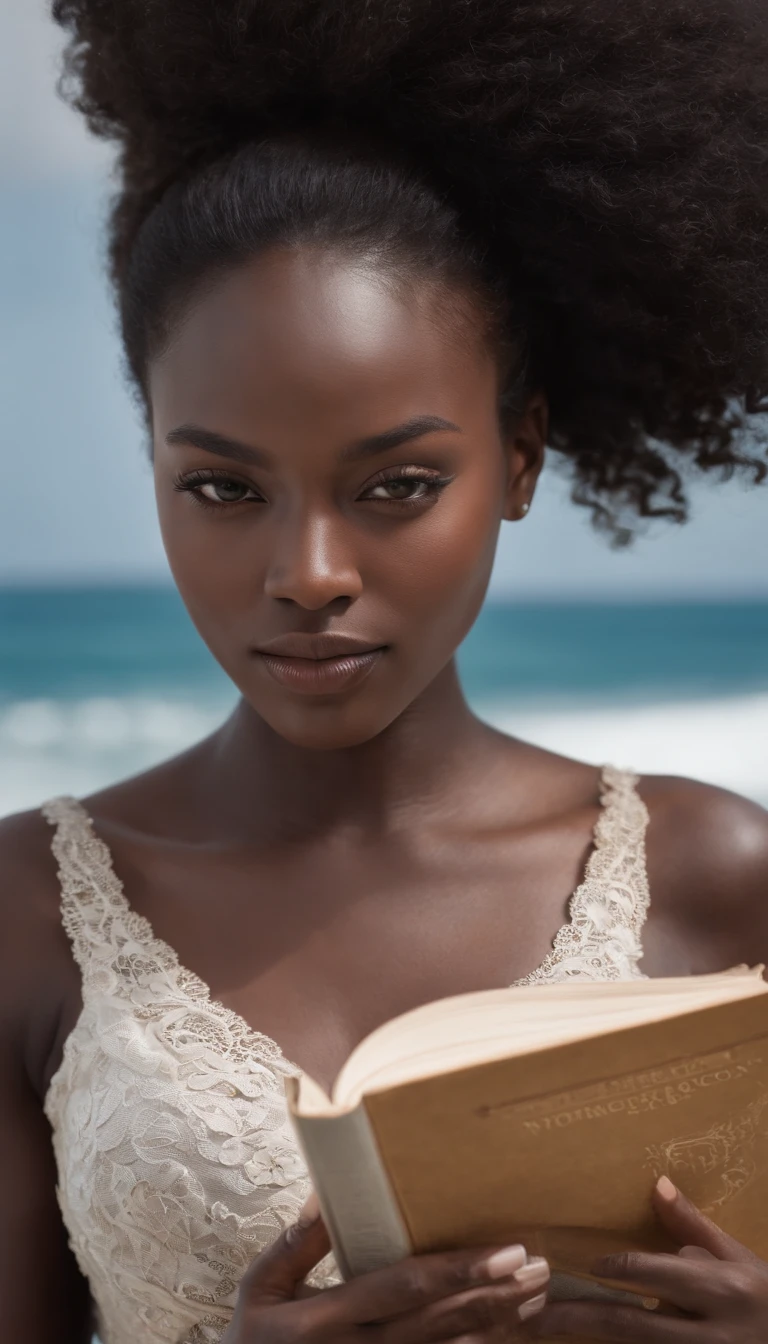 RAW uhd facial close-up of an African goddess, die wie auf dem Foto von Taras Loboda posiert, Makellose Frauen, Gewelltes lockiges Haar, (detailliertes Gesicht:1.5), tan skin, Hochdetailliertes, deep décolleté in a lace dress made of steel), on the beach in a full body swimsuit, Hot Paint, Reflektoren, SnowPrincessw, Meisterwerk, perfekte Proportionen, Fotos, Realistic detail shots in the highest quality, fotografiert mit einer Canon EOS R5, 50-mm-Objektiv, 8K,Tapeten, dunkel, Noise, Offset, Hoher Kontrast