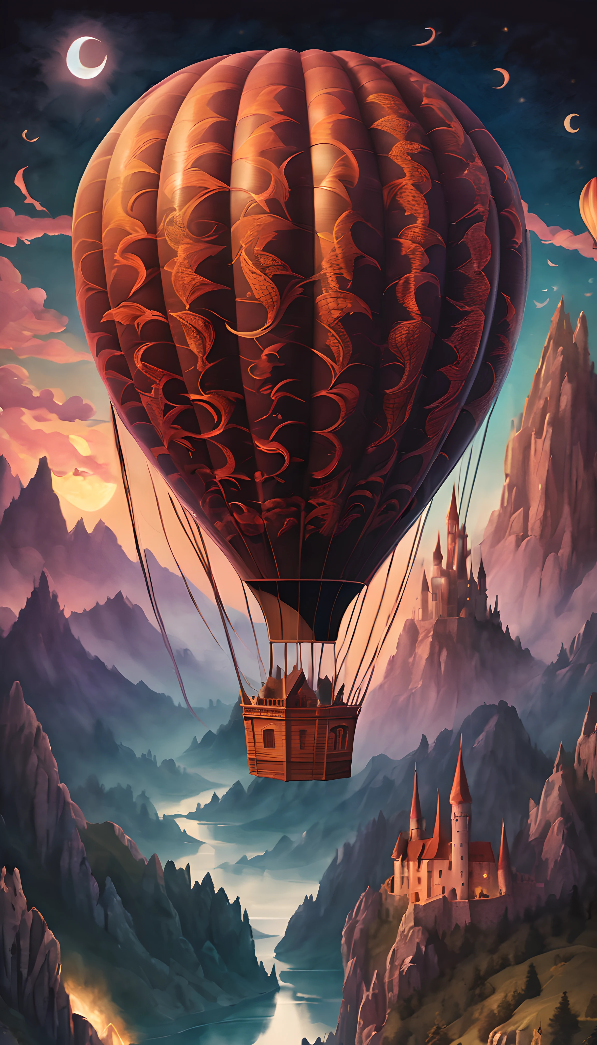 (epic paper drawing) of a (big) hot air balloon (with a legendary draconic print on it:1.3), romantic magical flows, starry moonlit night, gothic castle, mountains, volumetric lighting