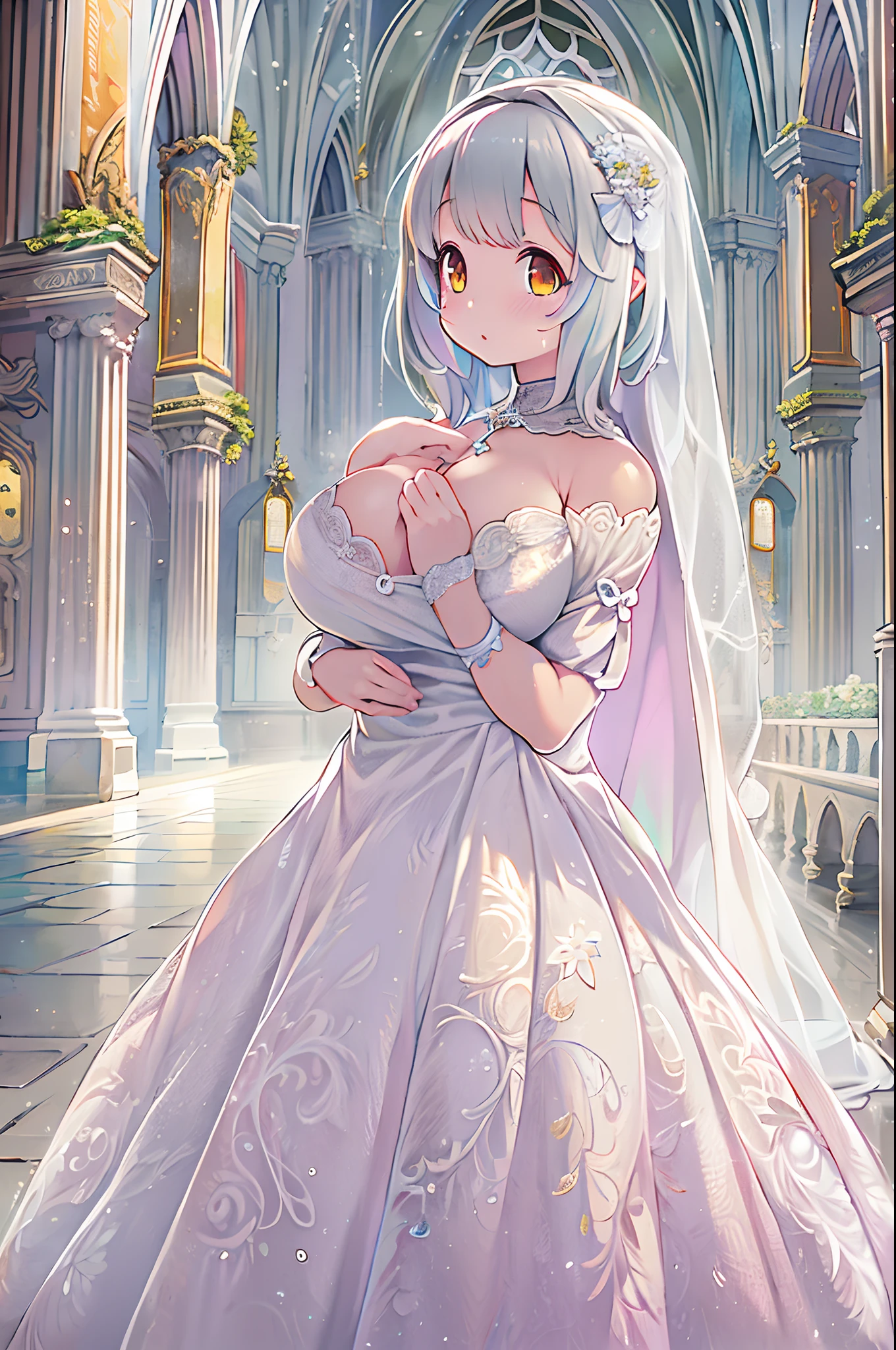 High resolution, Best Quality, masutepiece, Ultra high definition, Ultra high definition, .。.3D, Anime, Illustration, In a church、wedding hall、Two women in wedding dresses、2girls,girl1:bbw、huge-breasted、adolable,Black hair,Bob-cut hair,huging、stare、weddingdress、Girl 2:adolable,A pink-haired,Long grey hair,huge-breasted、huging、stare、weddingdress