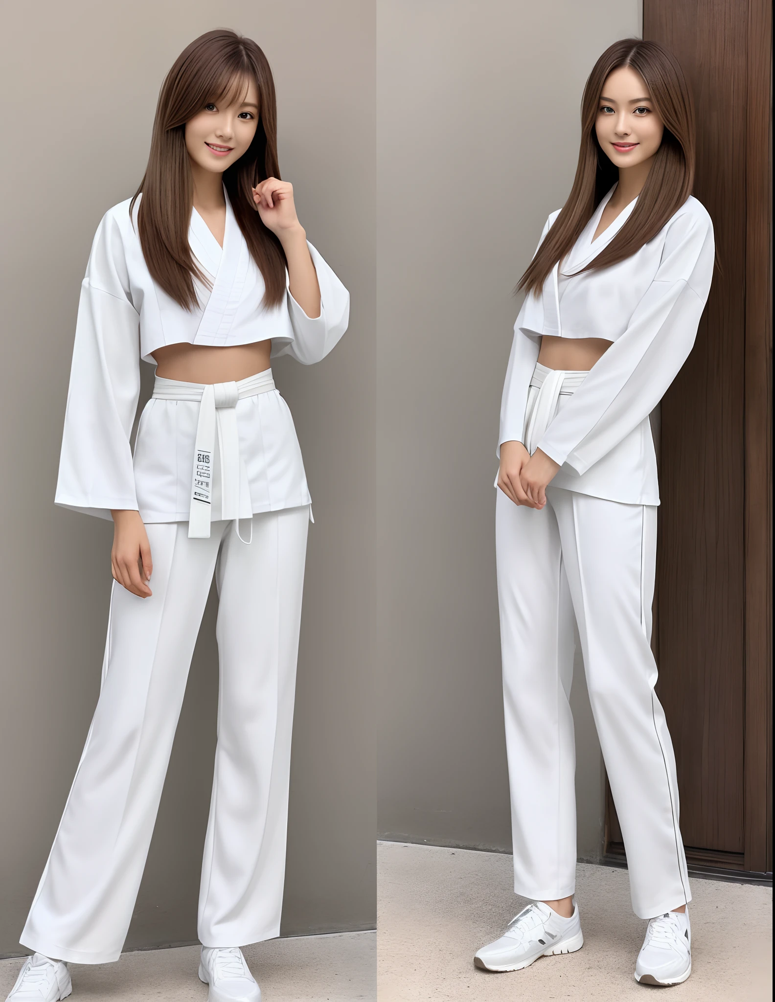 (Photorealsitic)(), Perfectly beautiful woman, (Full body 8K portrait), Stand alone, Stick out your fist, Large and dynamic hand and foot movements, Correct skeleton, White Karate Uniform, White karate pants, Large bust, Perfect facial detail, (Smile: 1.15), attractive beautiful face, gazing at viewer, a small face, 二重まぶた, Beautiful detailed eyes, long eyeslashes, ligh brown hair, Hairstyle is bob style, Toned waist, large full breasts, Beautiful thin legs, toned ankles, bare-legged ,TOKYOcty