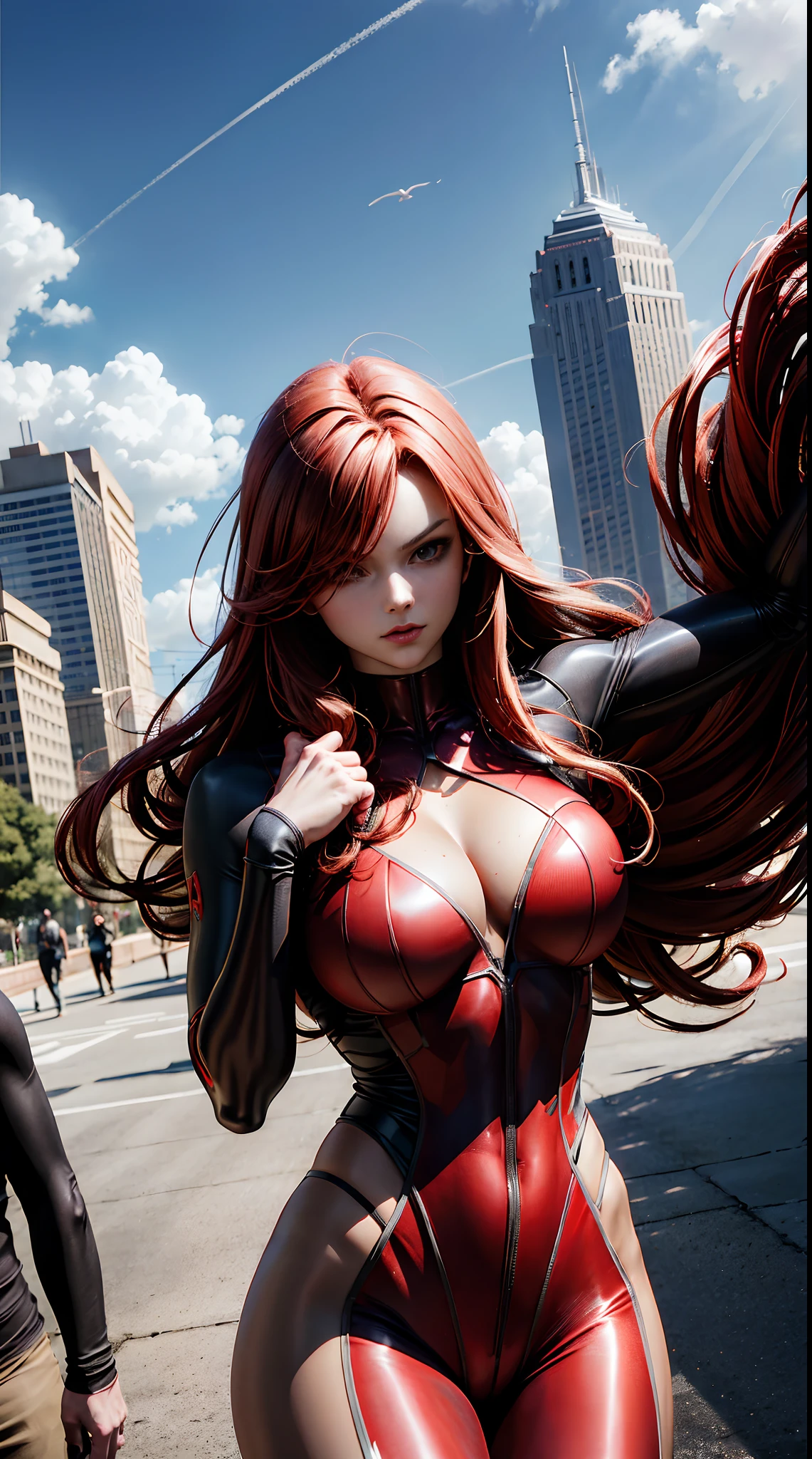 attractive red hair and red eyes female superhero, ultra strength super power, dc comics, skyscraper, wrestler costume, ray tracing, action movie, she left a car with her power, silk fabric, charming, beauty, dramatic, ultra lighting, shiny hair, 2d art, realistic anime art, superhero pose.