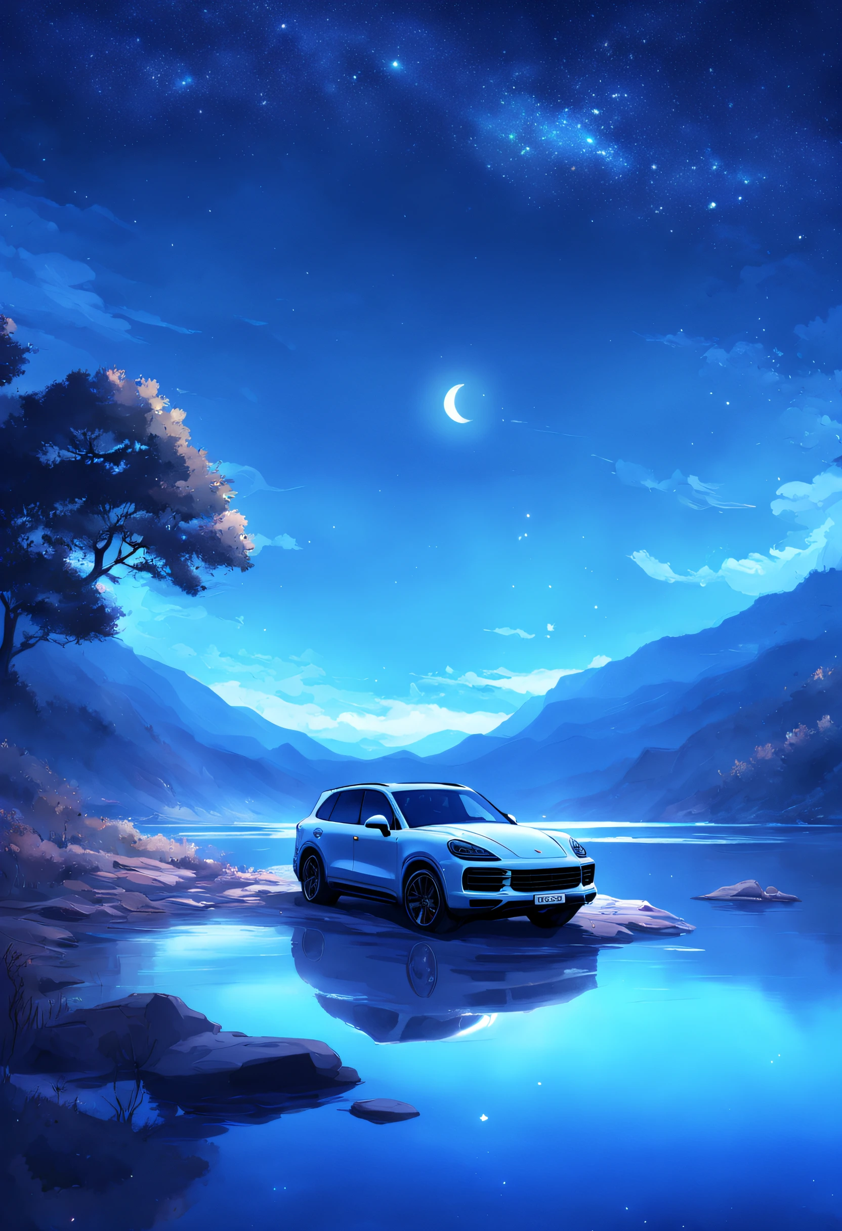 A painting of a 2022 (Porsche Cayenne), by a river with stars and moon in the sky, concept art inspired by Tosa Mitsuoki, pixiv contest winner, best quality, fantasy art, beautiful anime scene, a bright moon, moonlit starry environment, dream painting, Anime Background Art, Fantasy Landscape Art, Fantasy Night, Anime Background, Background Artwork, Fantastic Art, Atmospheric Anime, Starry Sky, Detail Enhanced.