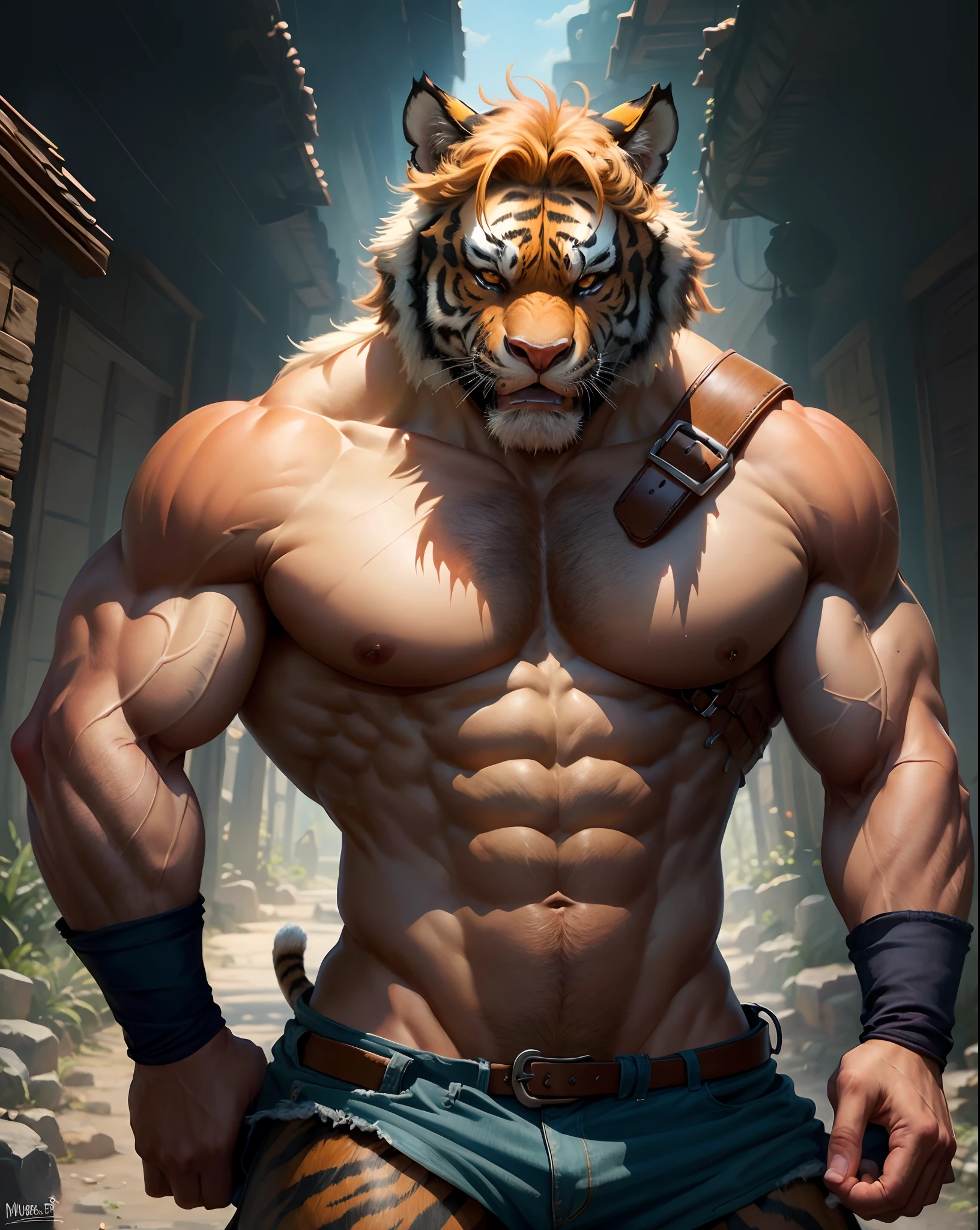 Tiger Orcs，musculature，male people，shaggy，humanized