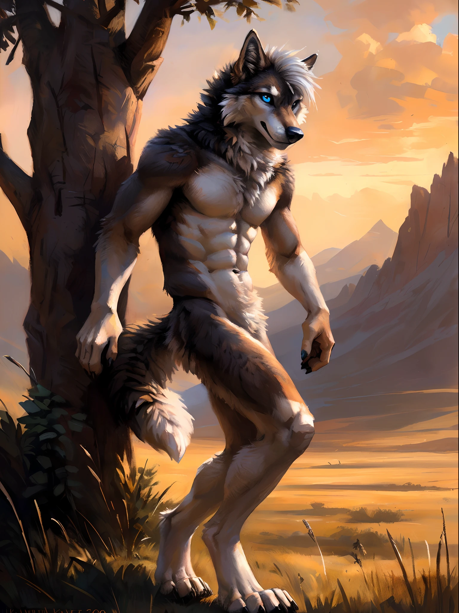 ((Solo)), male people, anthro wolf, (Multi-colored fur, White-brown:1.3,White tail pointed), ((Wolf face, White hair, Big eyes, White eyelids, Blue pupil, Slim:1.2) (Tough, Calm expression:1.2)), Abs, Slim, pinging)), (Correct anatomy), Naked all over the body,A big tail,Feet,(Realistic fur, Detailed fur texture, labeled:1.3)), (Natural lighting), Photorealistic, Hyperrealistic, ultradetailed, by Kenket,Endless grasslands,No artifacts