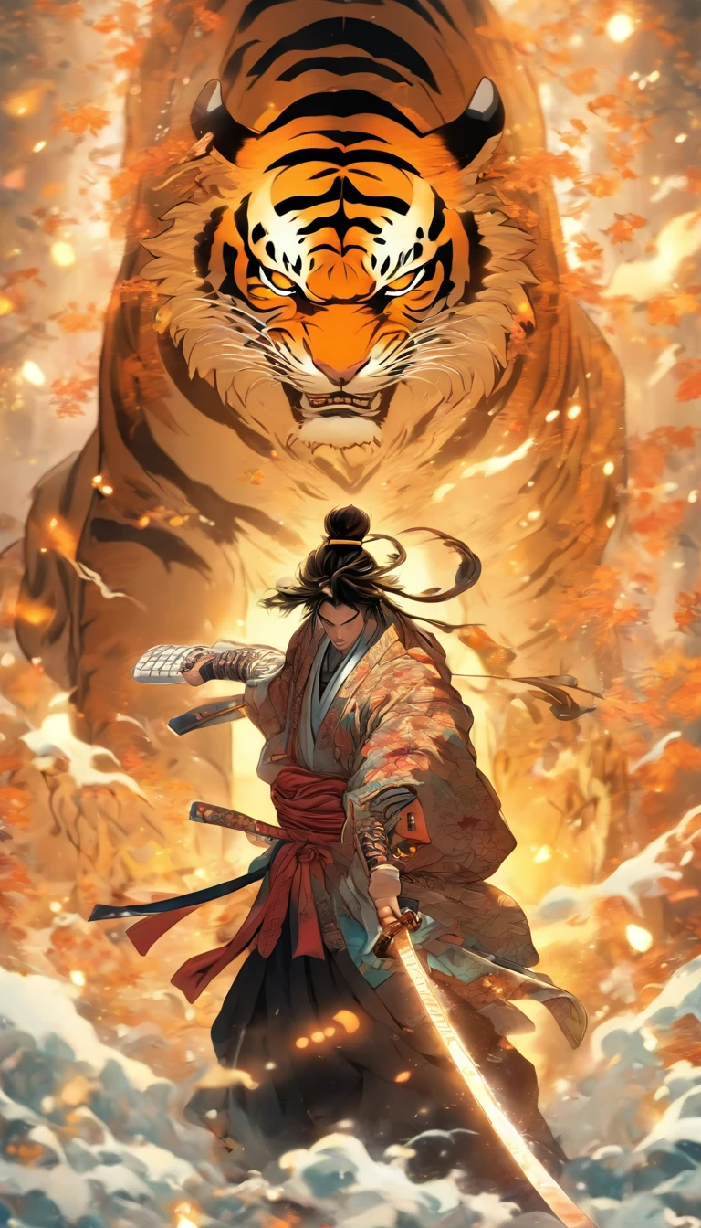 estilo da porcelana,中景 the scene is,The Taoist samurai stood before a huge transparent tiger,Holding out your hands,long messy hair,efeito de brilho,hyper-realistic,Ultra foto Realsisim,Chinese black and white ink style,prata,Discoloration,mancha,Inky,8k,super-fino,Alta Quaridade,renderizador OC