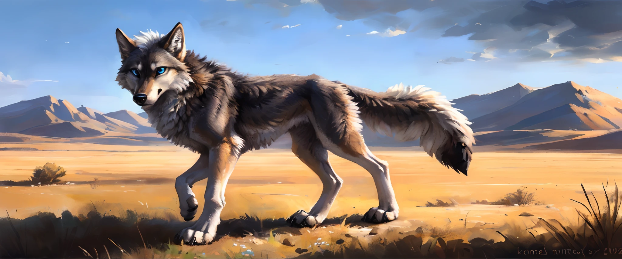 ((Solo)), Male, coyote, (Multi-colored fur, White-brown:1.3，White tail pointed), ((Wolf face, White hair, Big eyes, White eyelids, Blue pupil, Slim:1.2) (Tough, Calm expression:1.2)), Robust，Slim, pinging)), (Correct body anatomy), A big tail，Feet，Longer torso，Well-proportioned limbs，(Realistic fur, Detailed fur texture, labeled:1.3)), (Natural lighting), Photorealistic, Hyperrealistic, ultradetailed, by Kenket，Naked all over the body，Endless grasslands，Walking