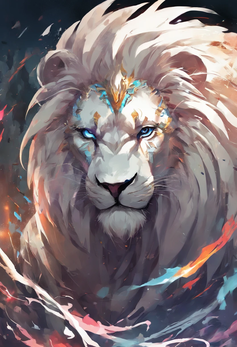Splash art, a lion head, ((fundo branco)), olhos penetrantes com chamas de fogo, epic instagram, artstation, estilo splash de tinta colorida, contorno, hiperdetalhado intricadamente detalhado, motor irreal, genial, detalhes intrincados, tela inicial, cores complementares, conceito de fantasia arte, 8K分辨率, obra-prima do deviantart, oil-painting, pinceladas pesadas, pingos de tinta, splash arts