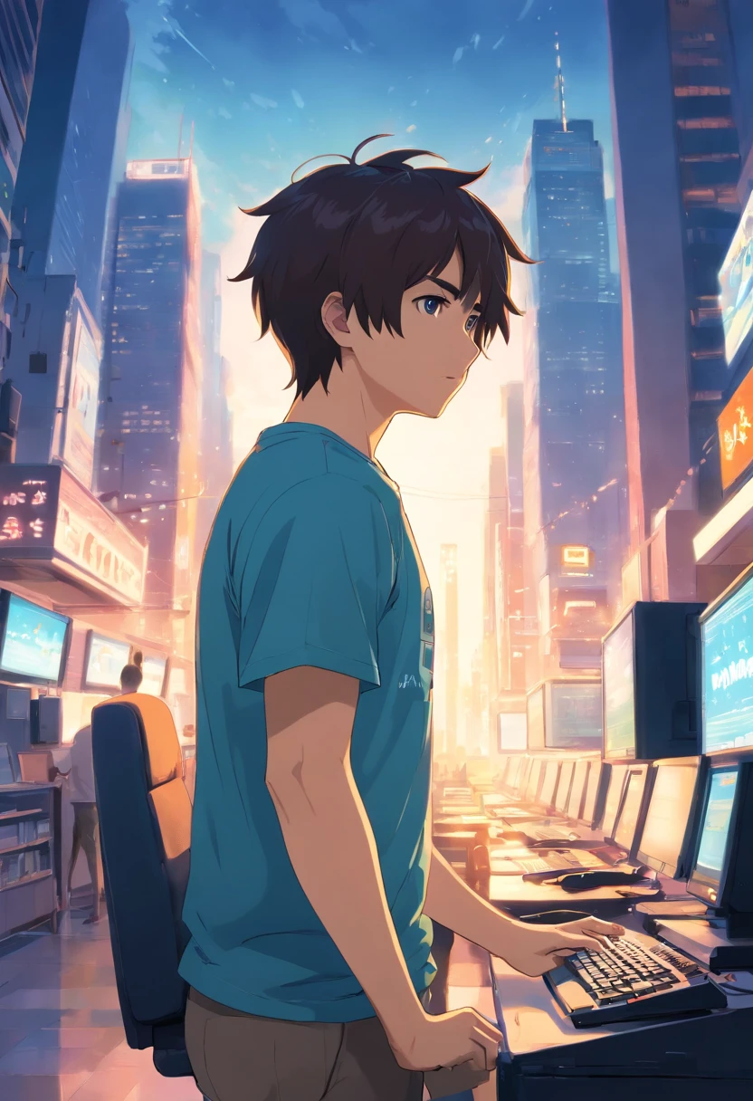 Un hombre gordo con una remera que dice Devox se sienta frente a una computadora esperando algo