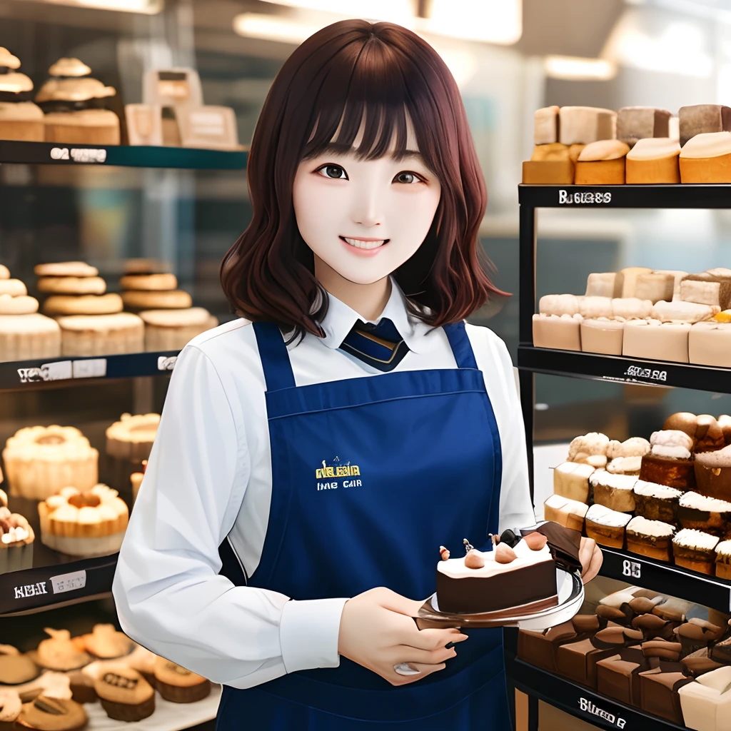 Australian Bakery since 1970 (https://australian1970.com/) in Malaysia single chocolate ring priced at MYR6, include words "Australian Bakery since 1970" on the apron, masutepiece、hight resolution、Cake shop、Cake craftsman、30-year-old girl、Smiling at the camera、Finish as shown in the photo、the skin is white and beautiful、inner colored、Hair should be tied back、8K quality