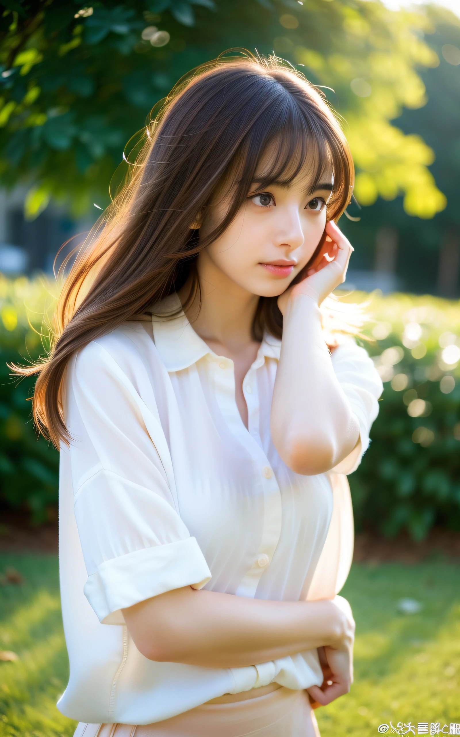 (Raw photo, Best Quality), (Realistic, Photorealsitic:1.3), masterpiece, 1 girl, extremely delicate and beautiful girl, standing quietly, Soft light, (Brown hair, Shoulder-length straight hair swaying in the wind), Bangs, Beautiful detailed girl, shy, graceful, tender, gentle, (Detailed fingers), correct anatomy, extremely detailed eyes and face, beautiful detailed nose, Beautiful detailed eyes, Japanese, Neat and clean beauty, Silk shirt, Skirt, (Half body:1.3), (medium breasts), Realistic face, Realistic body,