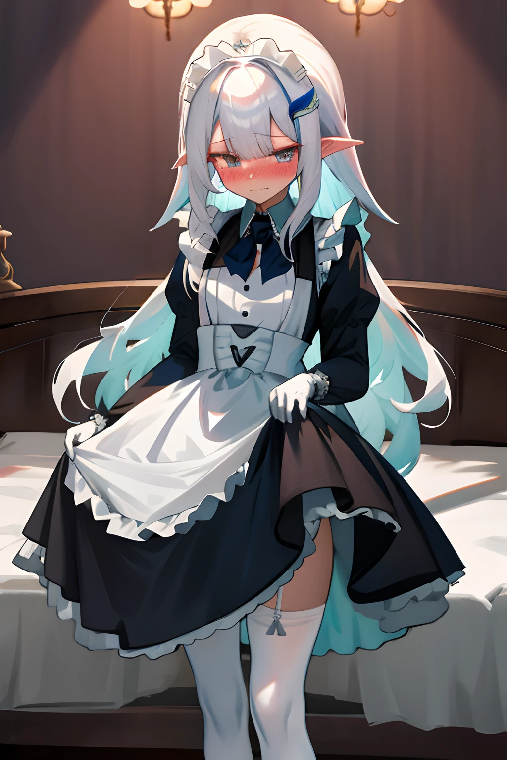 One girl with long wavy hair, white hair, looking at viewer, embarrassed, blushing, tears, indoor , maid dress, black maid dress, maid apron, maid head accessories, puff long sleeves, mini skirt, thigh, pointy ears, perfect waist, bed, night atmosphere, hair ornament, standing, white pantyhose, skirt lift, white panties, panties, lace gloves, panties visible