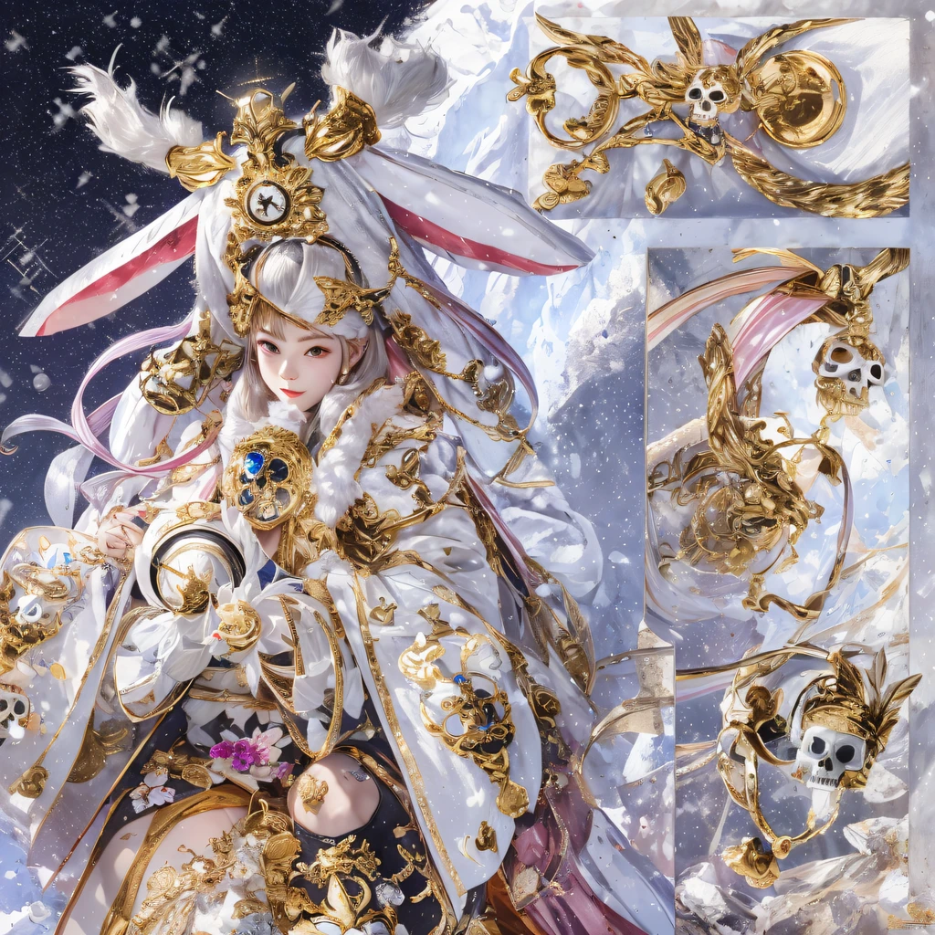 National wind circle,Flying nine-tailed fat skull flame ethereal toad star,Golden-black damask white rabbit hair chest guard,Fuchsia pink diamonds, Tulle burgundy diamond shin guard,Fat woman squatting in the snow 1:900 miniatures,Front view,Pure transparency,Wear boxing gloves,Ice is permeable to gas,Film light and shadow,Panorama ultra-wide angle,extremely happy,The texture of the real person is delicate,Strong visual impact,Hyper-detailing,Dream girl,Refined face,prettyeyes,high saturated,Wear reflective sunglasses with a thick gold thread,crystal-clear,Good sense of perspective,Light and shadow effects,16K smooth,The surface is not well lit