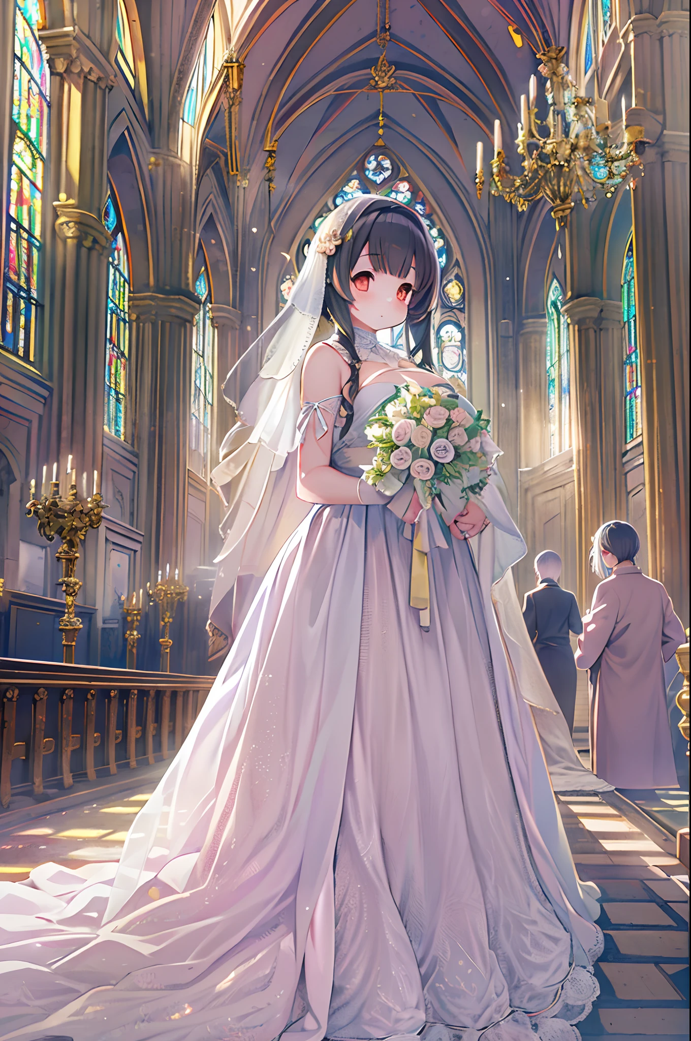 High resolution, Best Quality, masutepiece, Ultra high definition, Anime, In a church、wedding hall、Two women in wedding dresses、2girls,girl1:bbw、huge-breasted、adolable,Black hair,Bob-cut hair,huging、stare、weddingdress、Girl 2:adolable,A pink-haired,Long grey hair,huge-breasted、huging、stare、weddingdress