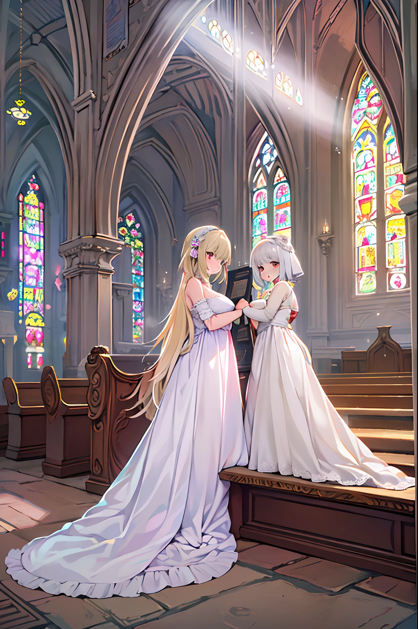 masterpiece, best quality, detailed, detailed background, 4k, 2girls, 2 girls trapped in a church. (wedding, wedding dress, wedding ring), chocker, kissing, kiss, hug, (blush), backlight, sunray, large ass, from side, backlight, closed eyes, silver,
BREAK aasanya,short hair,green eyes,<lora:Sanya_v_Litvyak:0.6>, closed eyes, kiss, mini skirt wedding dress, ass, large ass,
BREAK aaeila,(purple eyes:0.5),long hair,<lora:eila_ilmatar_juutilainen:0.7>, closed eyes, blush, kiss