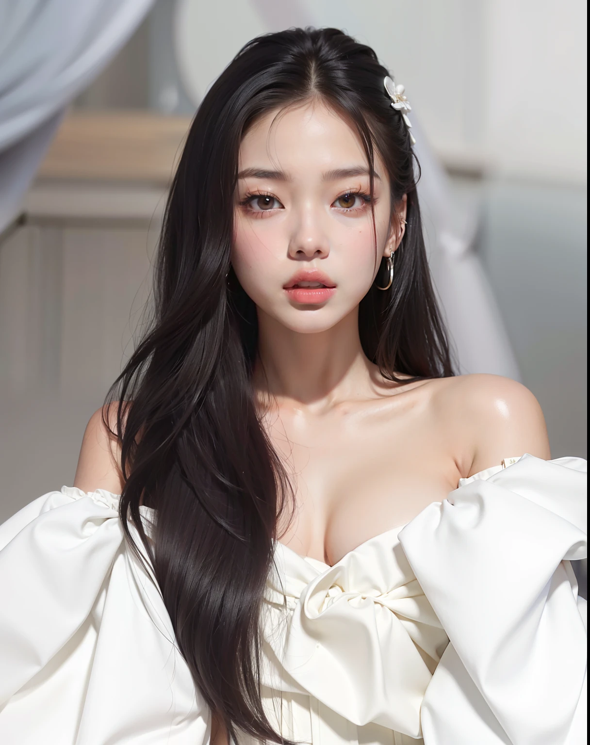 Mujer con el pelo largo y negro con un vestido blanco, Blackpink Jennie, jennie, kim jennie, jennie, jennie de Blackpink, rostro serio, labios entreabiertos