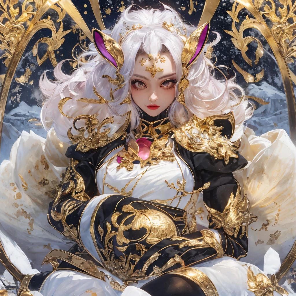 National wind circle，Flying nine-tailed fat skull flame ethereal toad star，Golden-black damask white rabbit hair chest guard，Fuchsia pink diamonds, Tulle burgundy diamond shin guard，Fat woman squatting in the snow 1:900 miniatures，Front view，Pure transparency，Wear boxing gloves，Ice is permeable to gas，Film light and shadow，Panorama ultra-wide angle，extremely happy，The texture of the real person is delicate，Strong visual impact，Hyper-detailing，Dream girl，Refined face，prettyeyes，high saturated，Wear reflective sunglasses with a thick gold thread，crystal-clear，Good sense of perspective，Light and shadow effects，16K smooth，The surface is not well lit