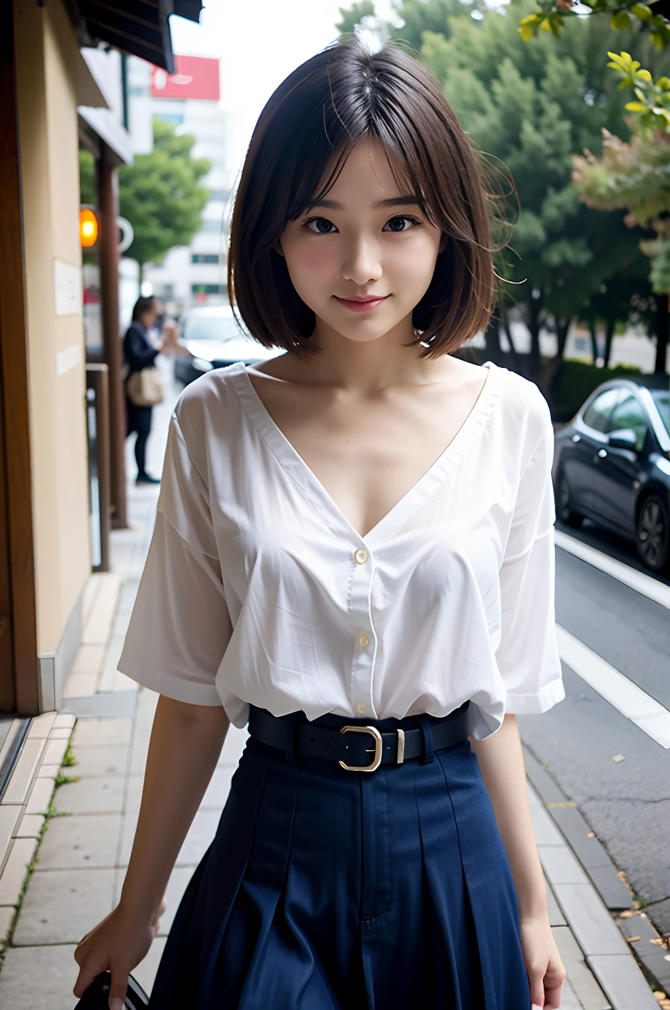 A high-resolution, realistic image of a beautiful Japanese woman in her 40s with a short haircut. She is dressed in a blouse and a mini skirt, exuding a delicate and sensual aura. She is making a gesture of running her fingers through her hair. The setting is a summer date, and the image should convey a subjective, personal perspective with detailed depiction.