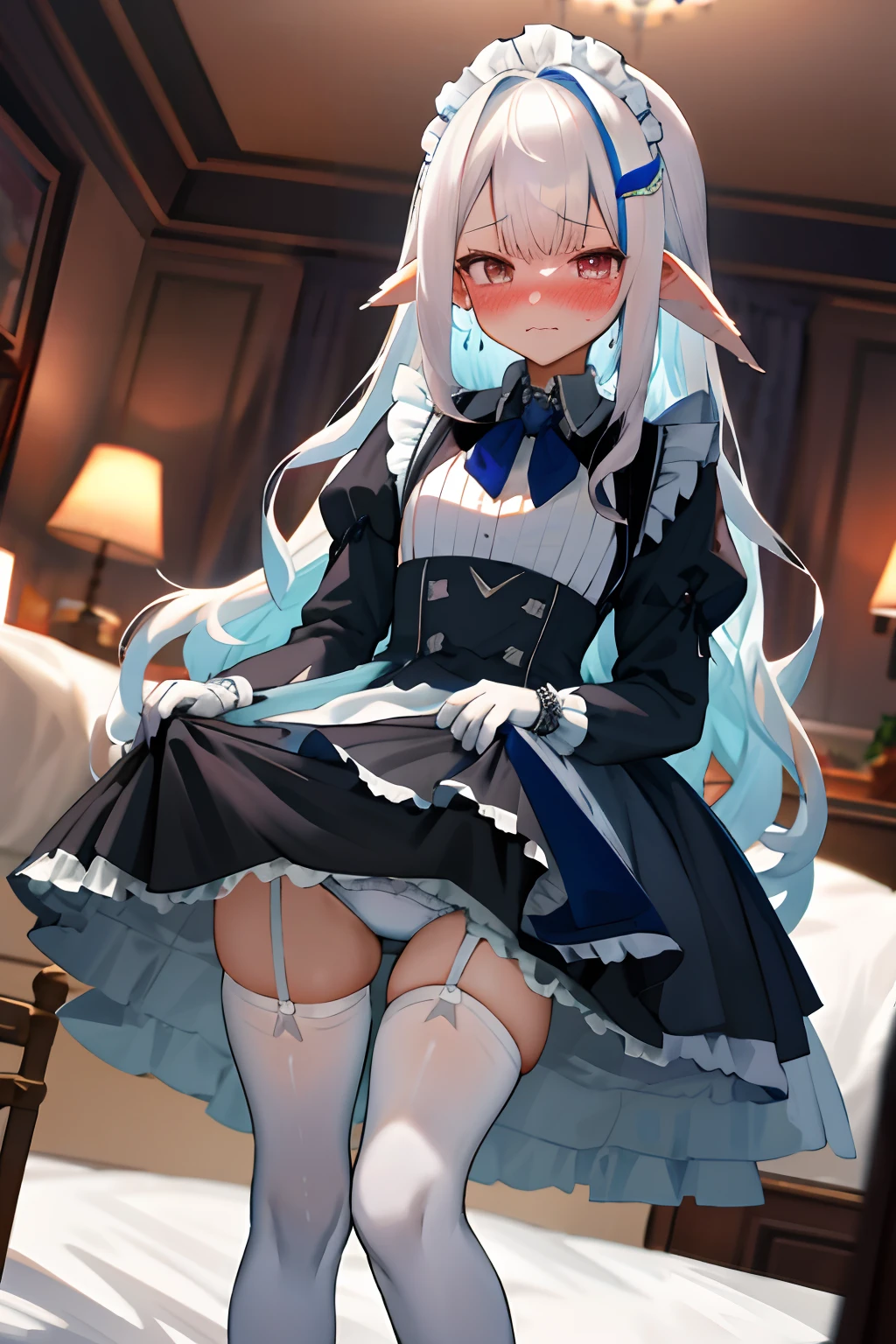 One girl with long wavy hair, white hair, looking at viewer, embarrassed, blushing, tears, indoor , maid dress, black maid dress, maid apron, maid head accessories, puff long sleeves, mini skirt, thigh, pointy ears, perfect waist, bed, night atmosphere, hair ornament, standing, white pantyhose, skirt lift, white panties, panties, lace gloves, panties visible