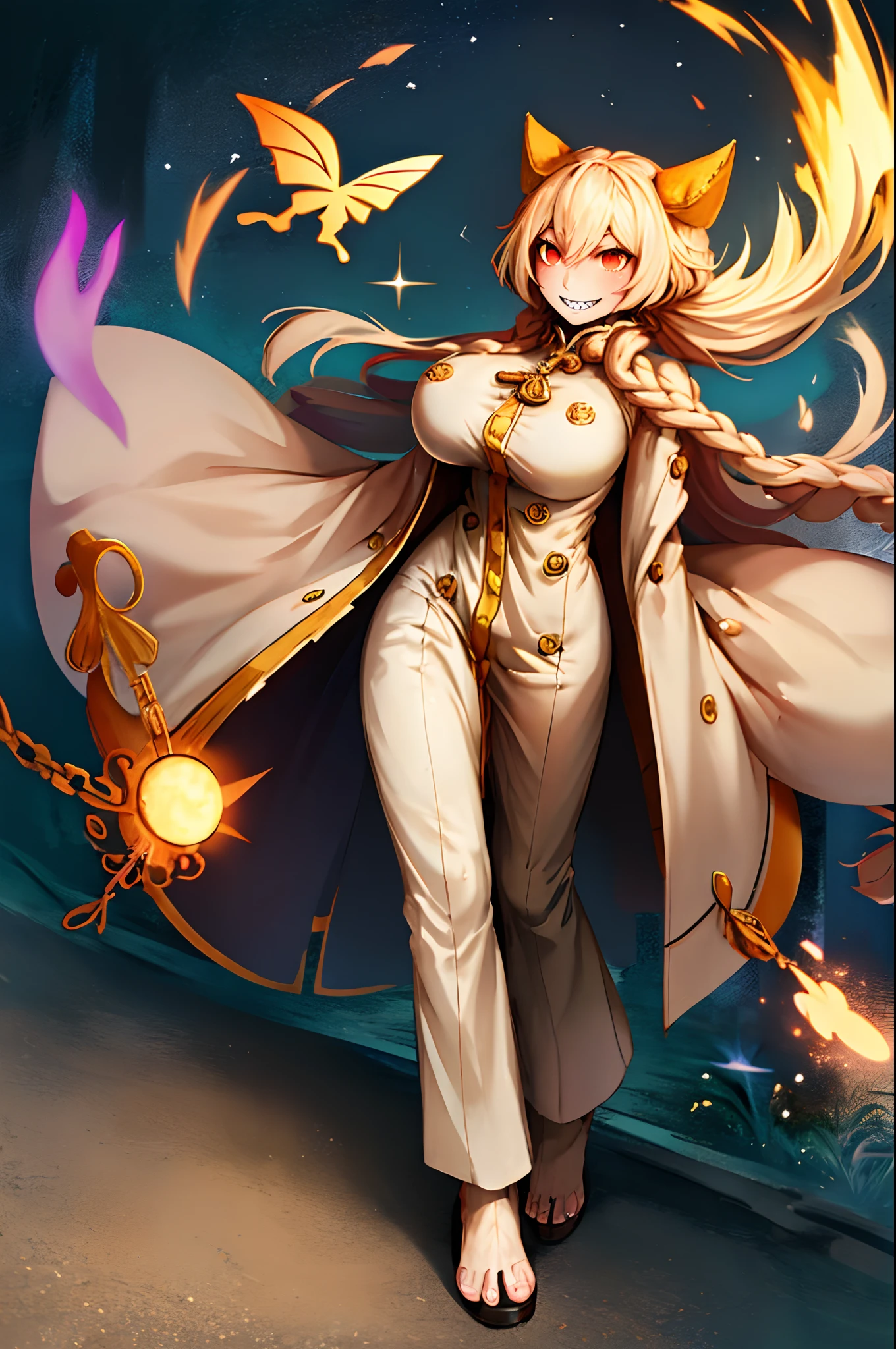 taokaka,,huge breast, , female,fantasy goddess,there is a cartoon picture of a woman with a very large breast, glowing angelic being, glowing holy aura, inspired by Luma Rouge, the non-binary deity of spring, ethereal rainbow nimbus, the butterfly goddess of fire, inspired by Marie Angel, glowing aura around her, astral fairy, as the goddess of the sun, “uwu the prismatic person, big breast, happy, beautiful eyes, , full body, walking, long robe, long dre, catgirlss,, priestess ,holy, smile, long dress, brown hair, female,red eyes, black robe with stars symbolism, full body, flipflops,(best quality,4k,8k,highres,masterpiece:1.2),ultra-detailed,(:1.37),black robe with blue stars simbolism, girl with queen crown,beautiful detailed eyes,beautiful detailed lips,extremely detailed eyes and face,longeyelashes,golden crown adorned with diamonds,glowing blue stars on the robe,glittering pearls entwined in hair,royal purple backdrop,sparkling tiara,rich textures and fabrics,regal posture,confident expression,majestic aura,ethereal lighting,hauntingly beautiful atmosphere,elegant and magical,enchanted garden in the background,floating golden particles,subtle reflections on the crown,sublime tranquility,depth and mystery,sophisticated and regal,impeccable attention to detail,captivating and enchanting,ethereal and divine,fantasy-inspired artwork,dreamlike and surreal,celestial beauty and elegance,dark and mysterious,royal and majestic vibes,meticulous craftsmanship,vivid colors,whimsical and otherworldly., pants,sharpteeth ,black hair, cat ears, full body, smile
