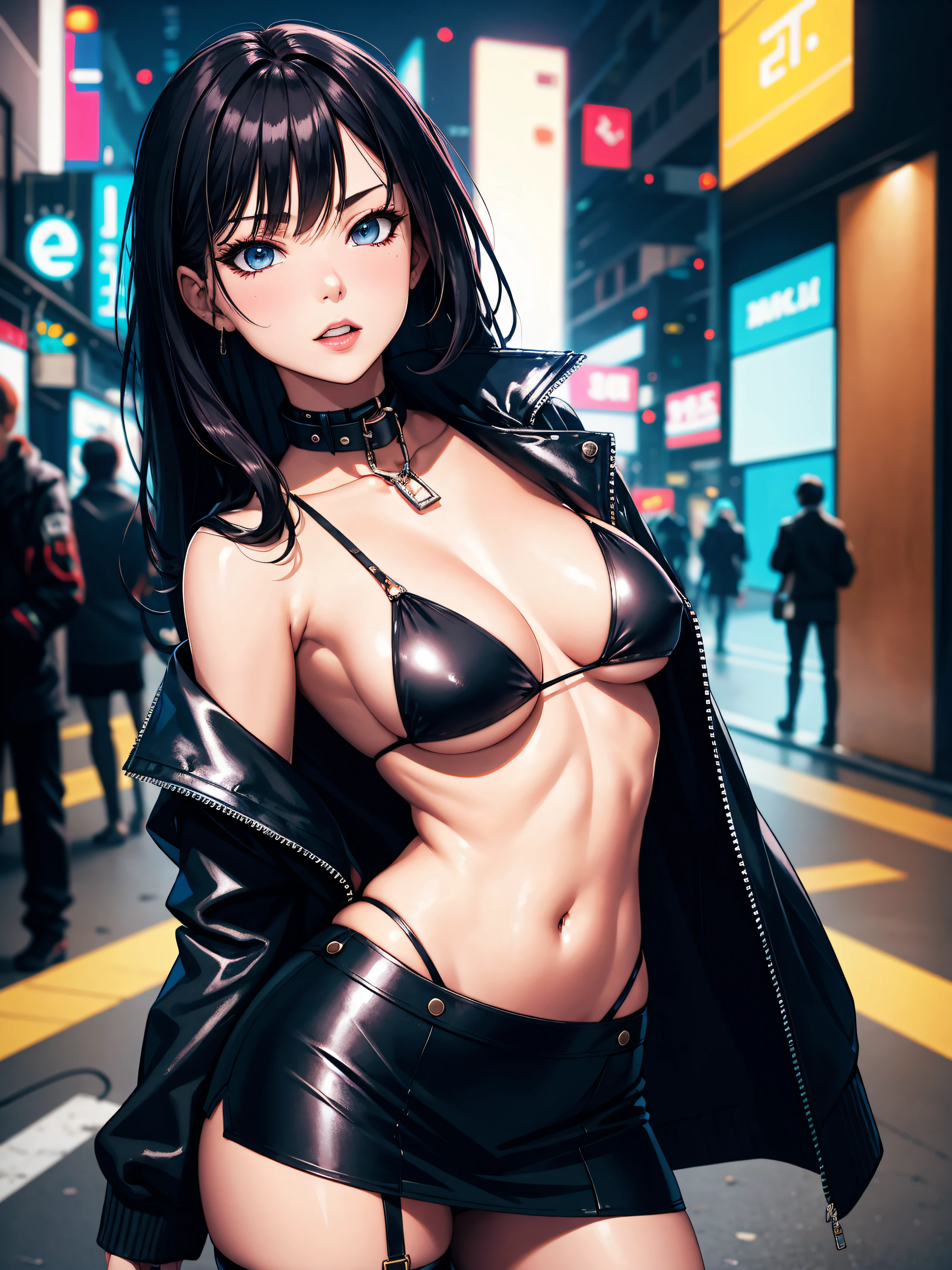 sfw, solo, beautiful Caucasian woman, cyberpunk, outdoors, night, neon lights, open jacket, absurdly long hair, microskirt, straps, black bikini, micro bikini, cleavage, small fine collar, dark hair, leather skirt, fishnets, medium breasts, fit body, perfect anatomy body
