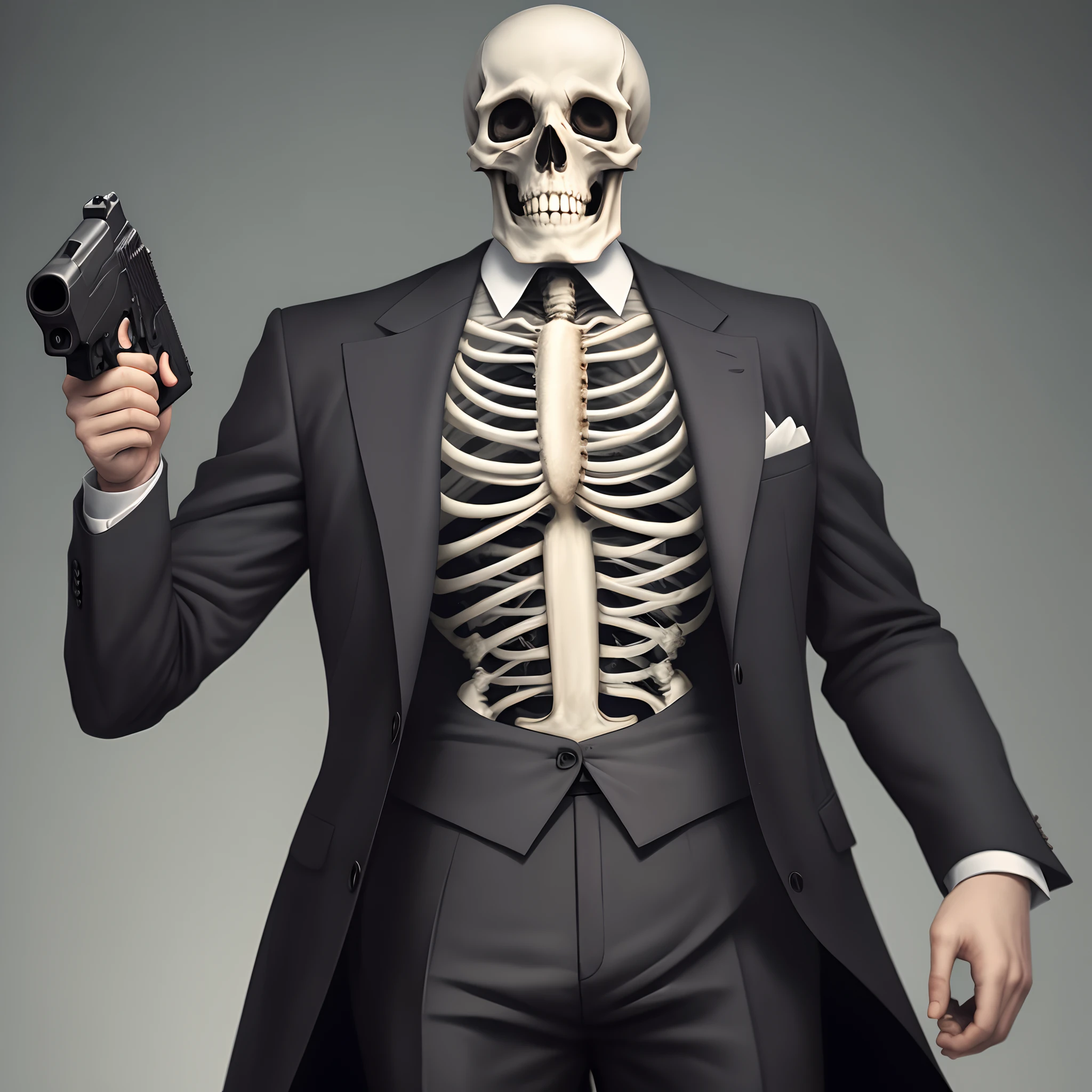 Skeleton wearing a mafia suit, holding a gun