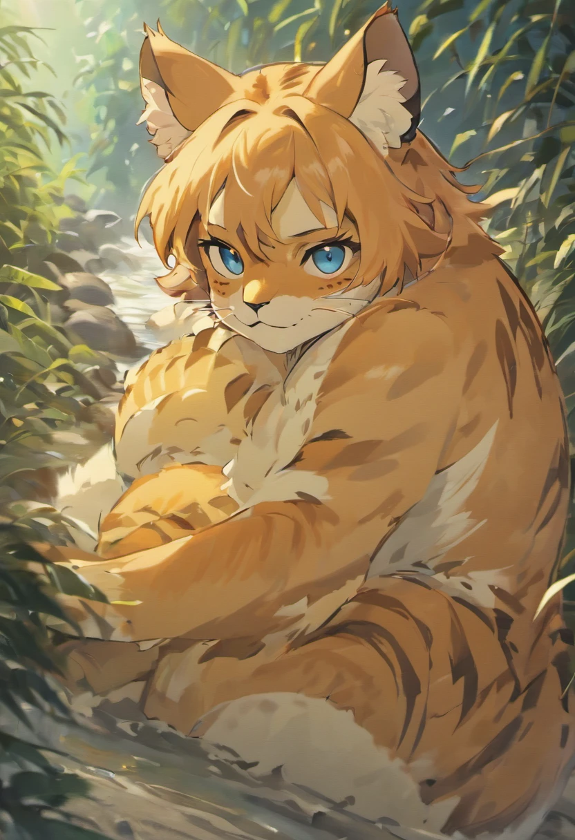 (best quality,4k,8k,highres,masterpiece:1.2),ultra-detailed,(realistic,photorealistic,photo-realistic:1.37),fierce tiger-headed creature,fluffy fur,muscular,beach,male,body covered in fur