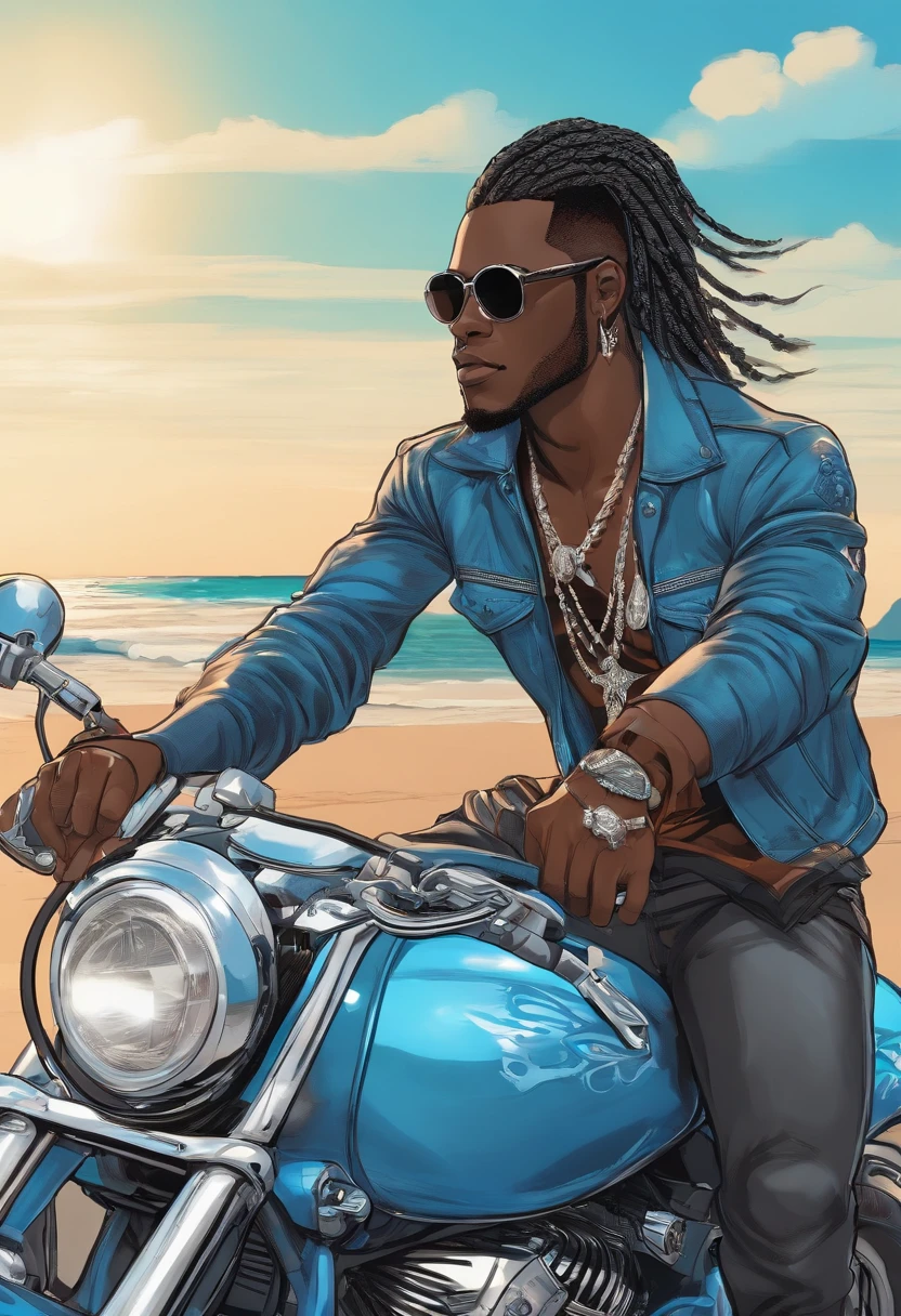 Asian manga-style drawing of a black man with sunglasses, an earring, and long braids. Dressed in rock and roll style and riding a futuristic blue sports motorcycle. In the background, a beautiful beach landscape.