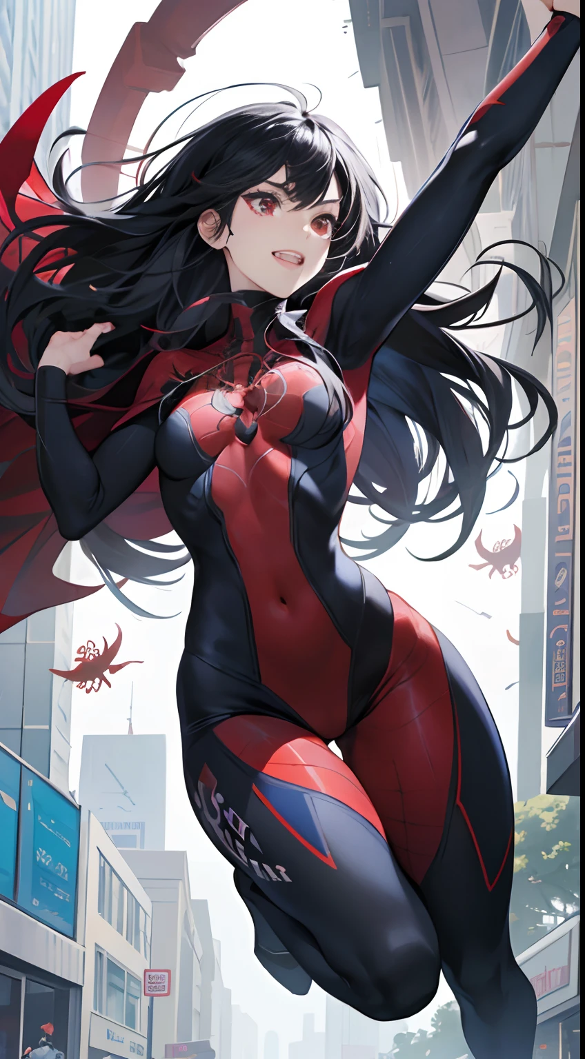 (Best Quality,4K,High resolution), girl with, Red mesh hair on black hair, Long straight hair, sharp eye,Red eyes、Laugh exhilarating,spider girl、Red and blue spider suit,Spider Hero、The trademark of the spider on the chest、Suit with cobweb decoration、Get spider silk out of your hands、Comical appearance,noisy,rampage,comic strip,animesque,Comical illustration,Scene of jumping from a building,Exhilarating action movie-like portrayal、Deformed cute illustration