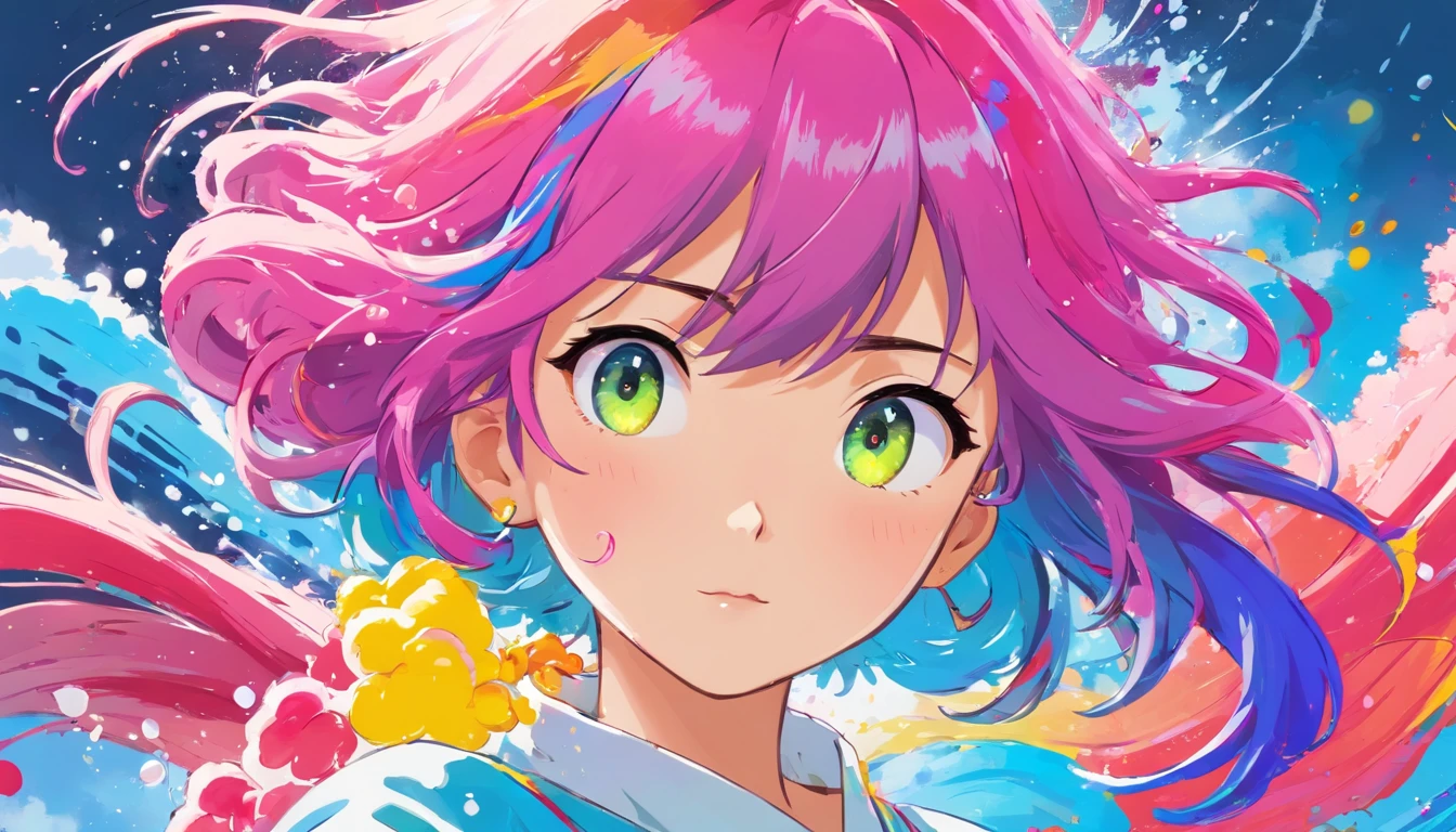 (Masterpiece, Best Quality, High Resolution), ((Paint Splash, Color Splash, Splash of Ink, Color Splash)), Sweet Chinese Girl, Rainbow Hair, Pink Lips, Front, Upper Body