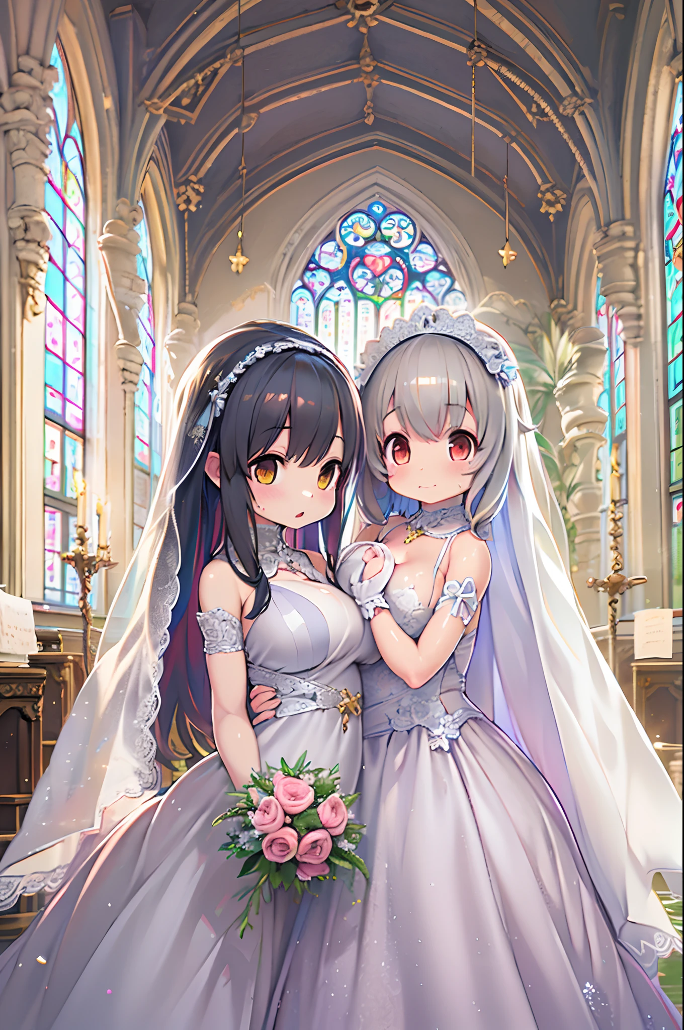 High resolution, Best Quality, masutepiece, Ultra high definition, Ultra high definition, .。.3D, Anime, Illustration, In a church、wedding hall、Two women in wedding dresses、2girls，girl1：bbw、huge-breasted、adolable，Black hair，Bob-cut hair，huging、stare、weddingdress、Girl 2：adolable，A pink-haired，Long grey hair，huge-breasted、huging、stare、weddingdress