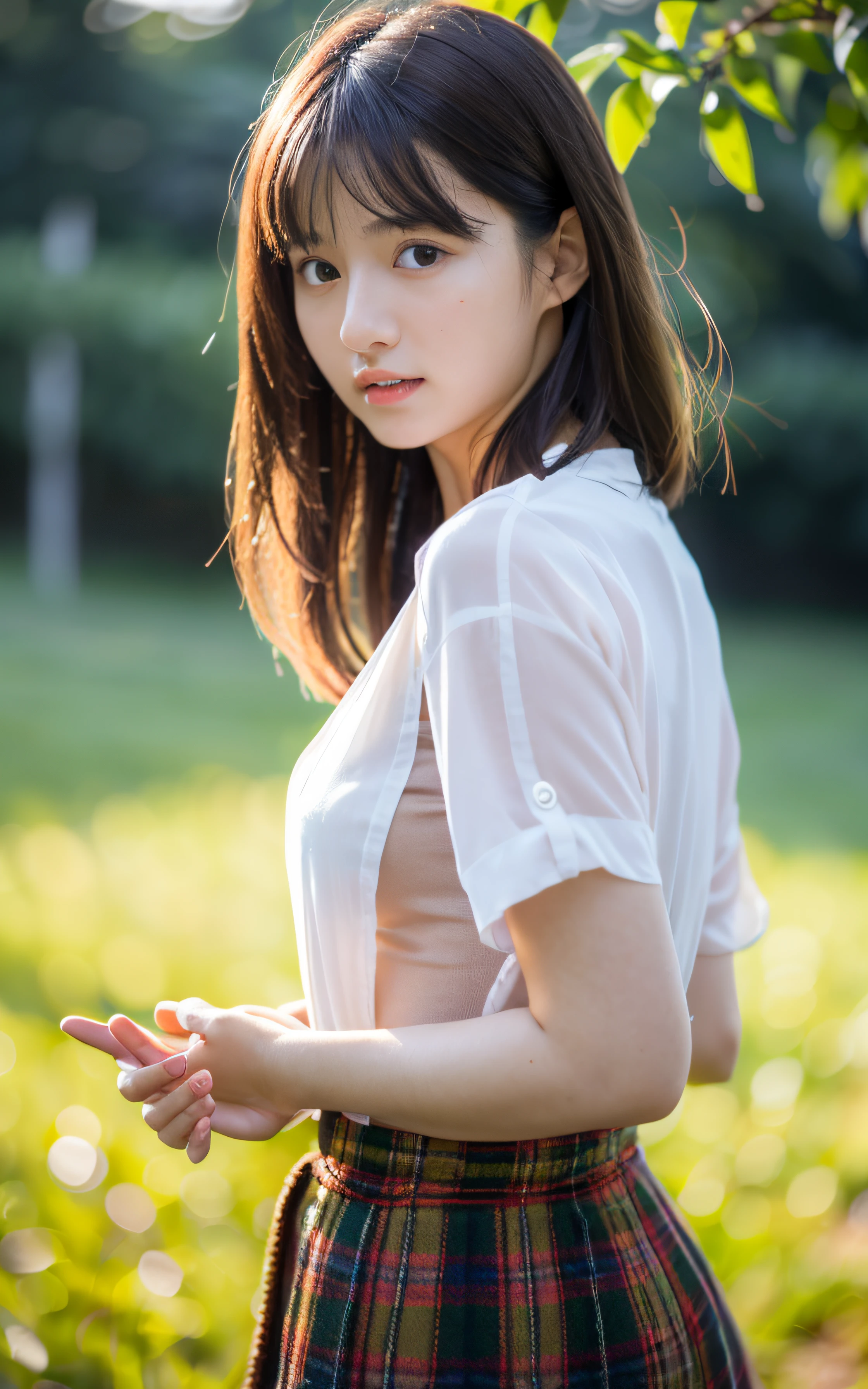 (Raw photo, Best Quality), (Realistic, Photorealsitic:1.3), masterpiece, 1 girl, extremely delicate and beautiful girl, standing quietly, Soft light, (Brown hair, Shoulder-length straight hair swaying in the wind), Bangs, Beautiful detailed girl, shy, graceful, tender, gentle, (Detailed fingers), correct anatomy, extremely detailed eyes and face, beautiful detailed nose, Beautiful detailed eyes, Japanese, Neat and clean beauty, Silk shirt, Skirt, (Half body:1.3), (medium breasts), Realistic face, Realistic body,