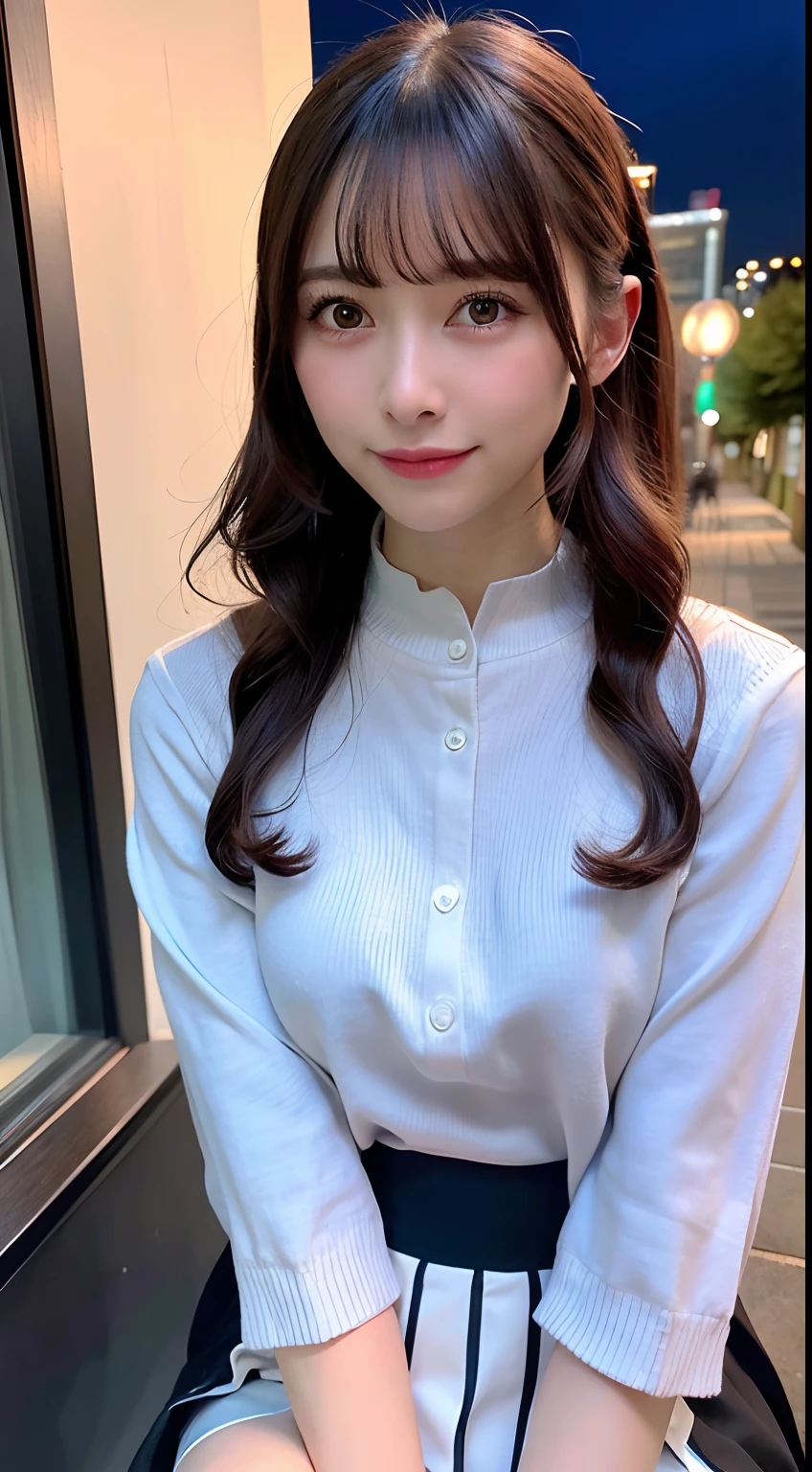 (8k, RAW photo, best quality, masterpiece:1.2), (realistic, photo-realistic:1.37), ultra-detailed, long sleeve,
1 girl, cute, solo, beautiful detailed sky, detailed cafe, night, sitting, dating,(nose blush),(smile:1.1),(closed mouth)
medium breasts, beautiful detailed eyes,(collared shirt:1.1), bowtie,pleated skirt,(short hair:1.2),floating hair