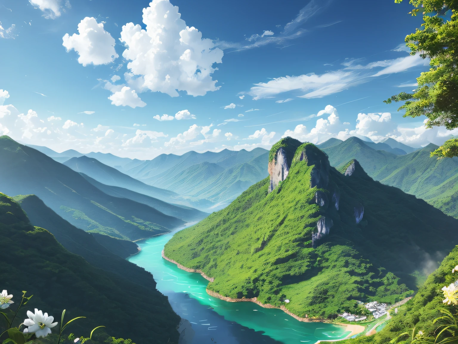paper art,with blue sky and white clouds,Green Mountains and Green Water,terraced,4K Ultra HD, 超高分辨率, (Photorealistic: 1.4), Best quality,Masterpiece,