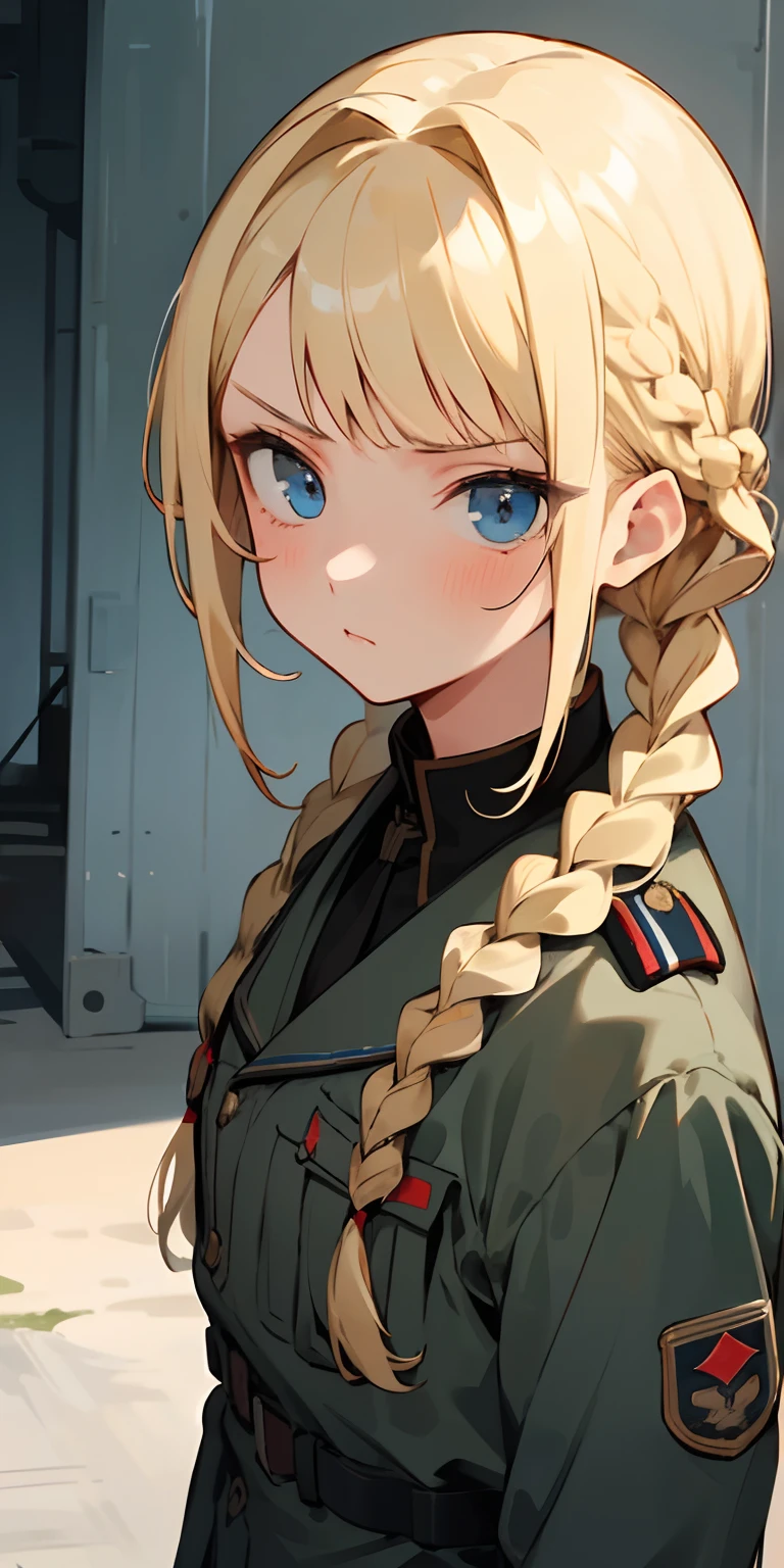 (masterpiece, best quality), 1 girl, blonde hair, braided hairstyle, bangs hair, hairstyle with braids, blue eyes, military, army attire, serious, cute, in military base style place