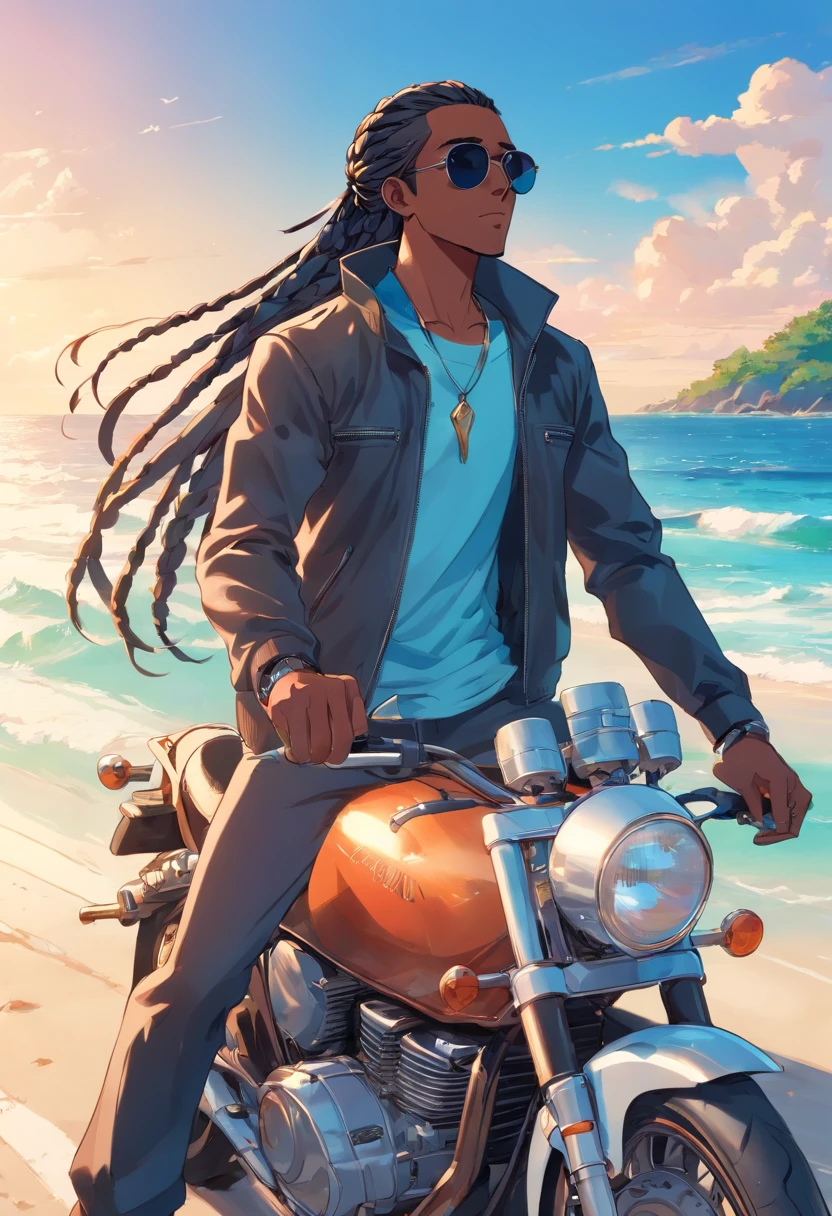Asian manga-style drawing of a black man with sunglasses, an earring, and long braids. Dressed in rock and roll style and riding a futuristic blue sports motorcycle. In the background, a beautiful beach landscape.