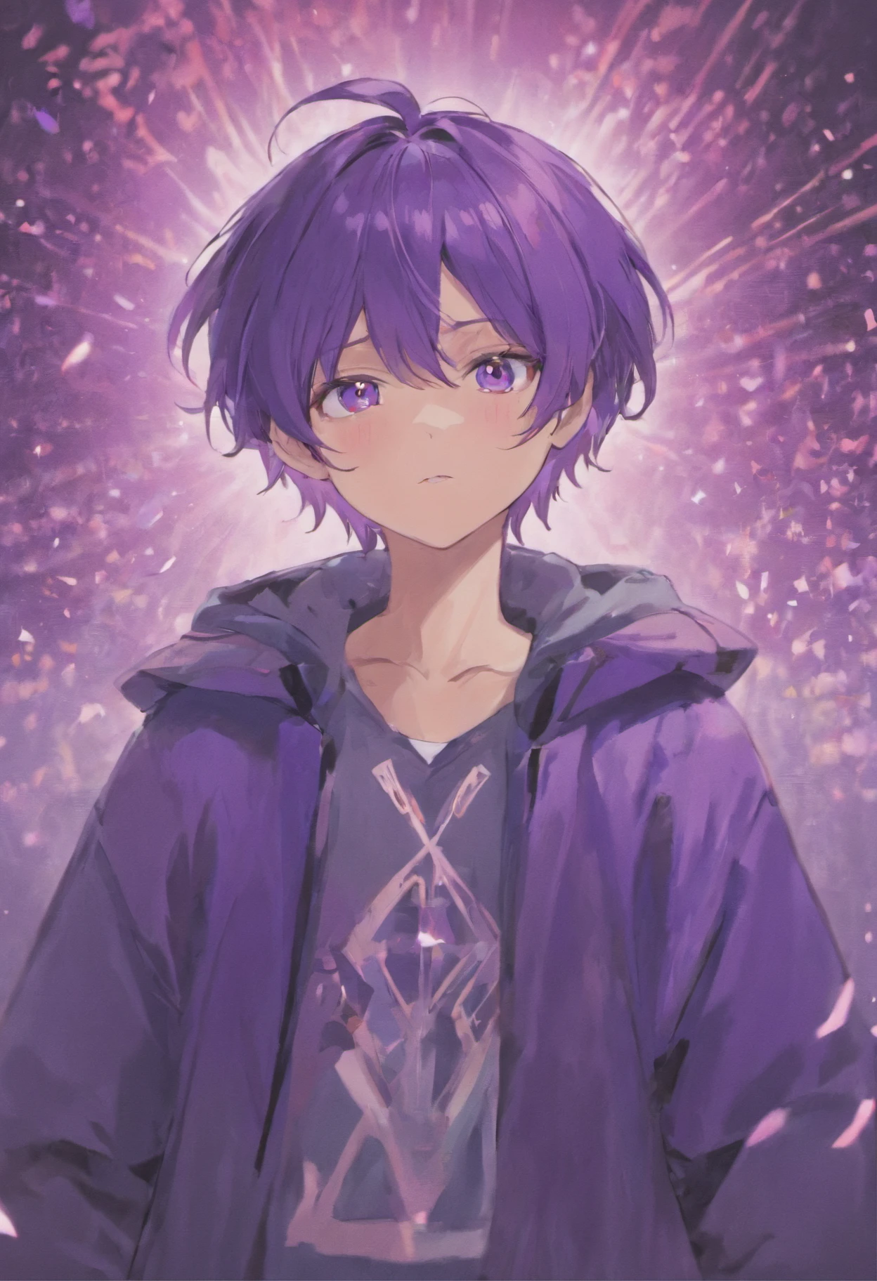 Izumi, cute boy's, purple hair, purple eye's, tealistik human, jaket black