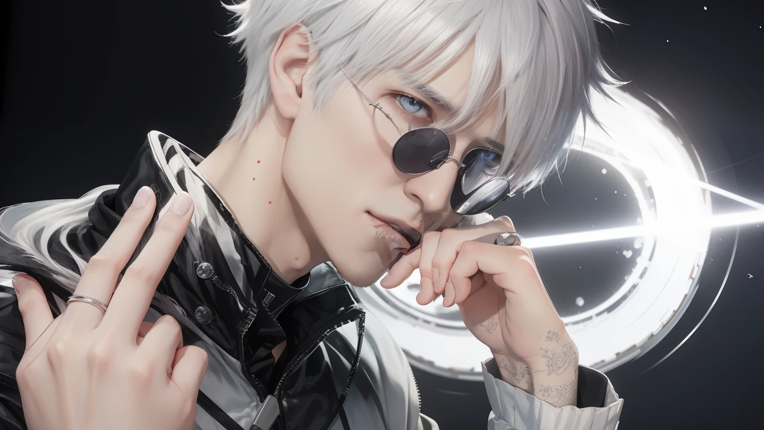 anime guy with white hair and sunglasses holding his hand to his face, ken kaneki, kaneki ken, a silver haired mad, killua zoldyck portrait, best anime 4k konachan wallpaper, killua zoldyck black hair, tokyo ghoul, yoko taro, killua zoldyck, jujutsu kaisen,8k realistic anime version, highly defined, highly realistic anime,gojo saturo.realistic anime boy.