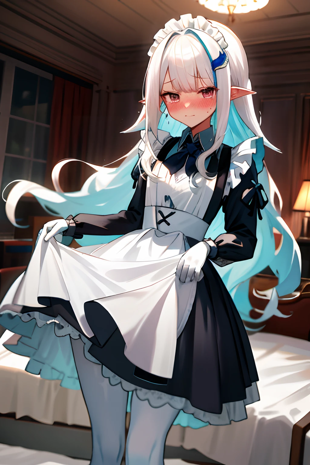 One girl with long wavy hair, white hair, looking at viewer, embarrassed, blushing, tears, indoor , maid dress, black maid dress, maid apron, maid head accessories, puff long sleeves, mini skirt, thigh, pointy ears, perfect waist, bed, night atmosphere, hair ornament, standing, white pantyhose, skirt lift, white panties, panties, lace gloves, panties visible