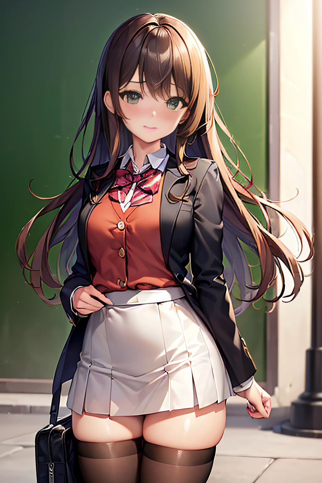 ((Masterpiece, Best quality, A high resolution, hyper HD, Perfect pixels, Depth of field, 4K, RTX, hdr))), 1girll, Single, Solo, Beautiful anime girl, Beautiful Art Style, Anime figure, ((Long hair, bangs, Brown hair, Curly hair:0.8)), ((Green eyes:1.4, Rounded eyes, Beautiful eyelashes, Realistic eyes)), ((Detailed face, Blushing:1.2)), ((Smooth texture:0.75, Realistic texture:0.65, Photorealistic:1.1, Anime CG style)), Medium breasts, Dynamic Angle, Perfect body, ((Portrait, angle of view)), ((red bowtie, school uniform, Black jacket, Open jacket, Brown cardigan, White shirt, Black skirt, Plaid skirts)), Smile, An amusement park