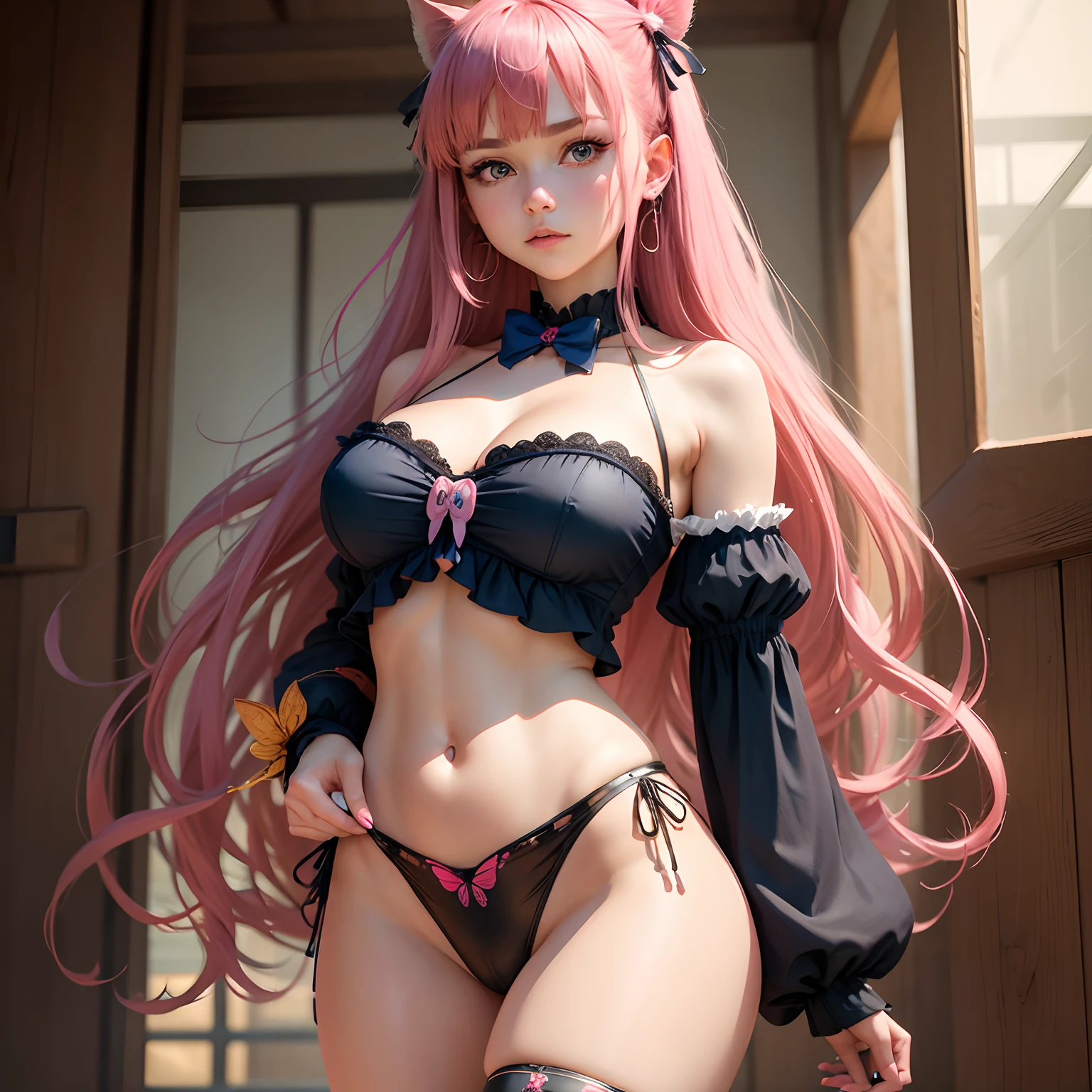 8k, masterpiece, best quality, realistic, higly detailed, cowboy shot, 1girl, solo, Nino, cute, cold-looking girl, waist-length straight hair, square bangs hanging over eyebrows, reddish-pink hair, twin butterfly-shaped ribbons on both sides of head, dark blue eyes, average height, well-endowed figure, large breasts, fashionable girl, various cute accessories, takes care of nails, Bunny Girl