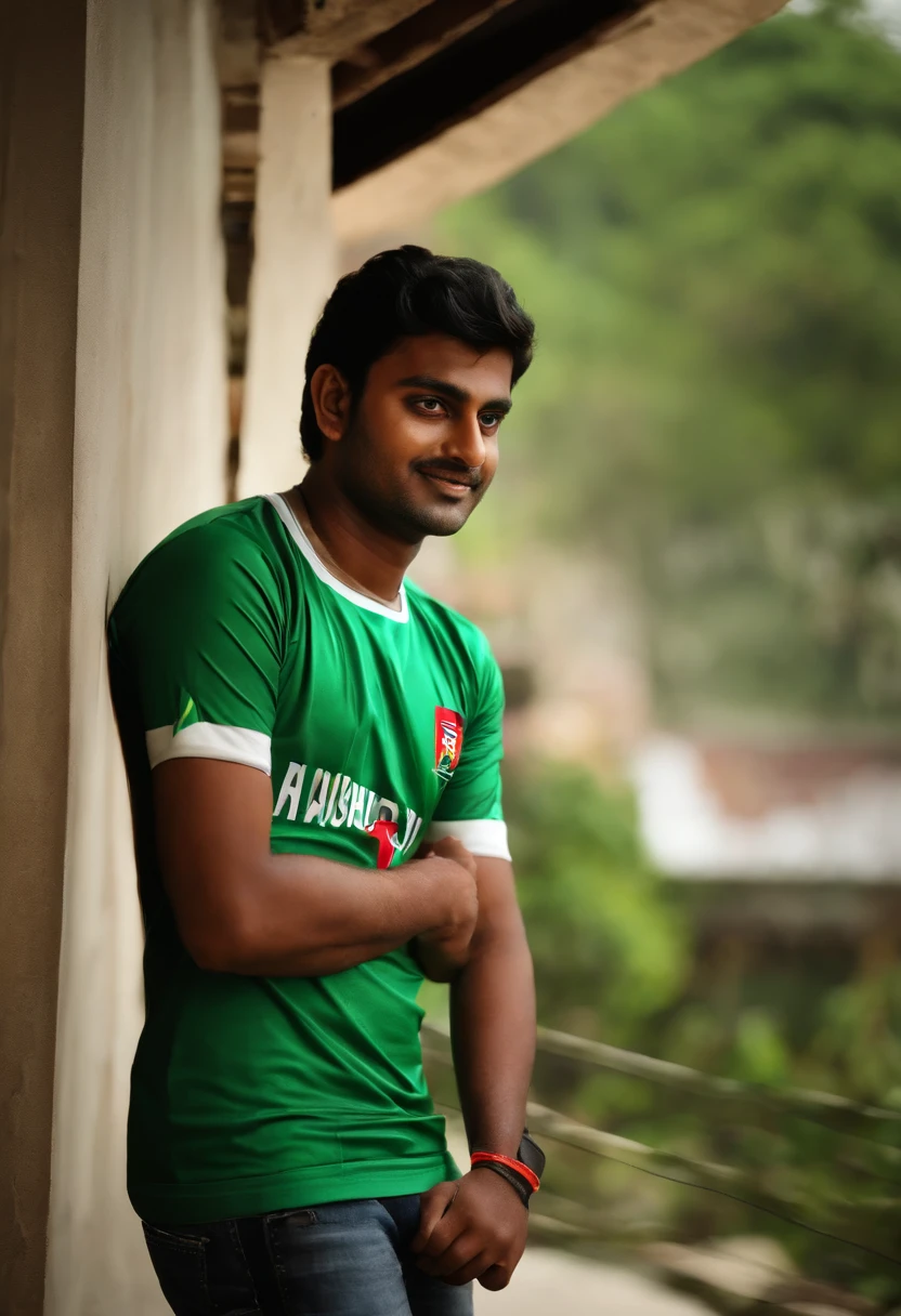 A Bangladeshi Cricket Fan wearing Bangladeshi 
cricket team tshirt with name ''TUSHAR'' and number ''17" watching T20 Matcsh on tv. an flng and Bangladesh  team T Shirt is hanged on wall with ''TUSHAR'' and number ''17''