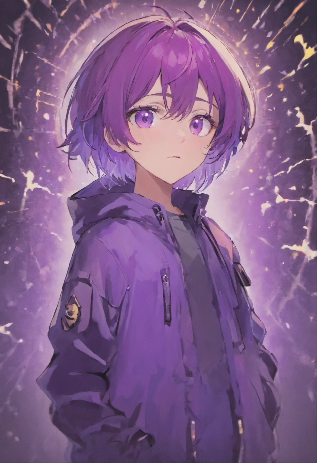 Izumi, cute boy's, purple hair, purple eye's, tealistik human, jaket black