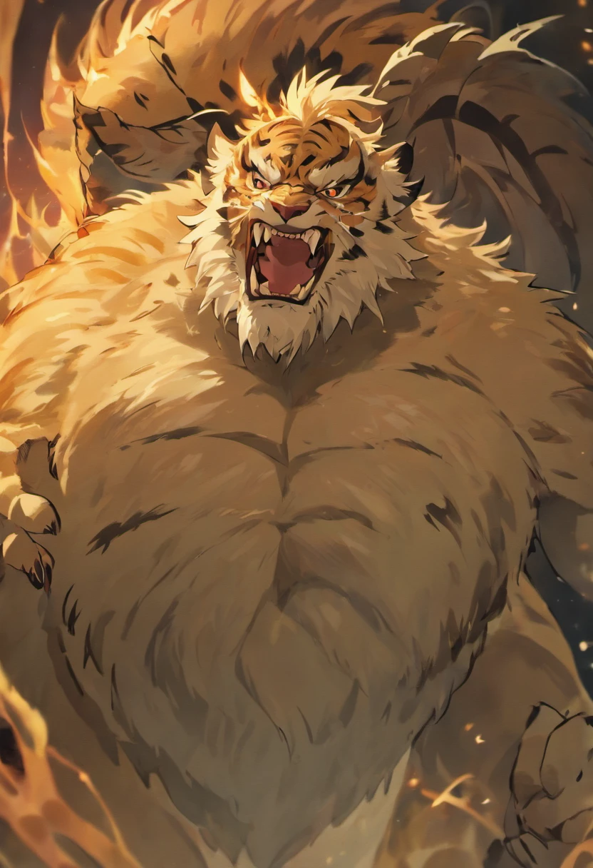 (high quality, 4K, 8K, high resolution, masterpiece:1.2), ultra-detailed, (realistic, photorealistic, photo-realistic:1.37), tiger orc, fluffy fur, muscular, male orc, covered in fur.