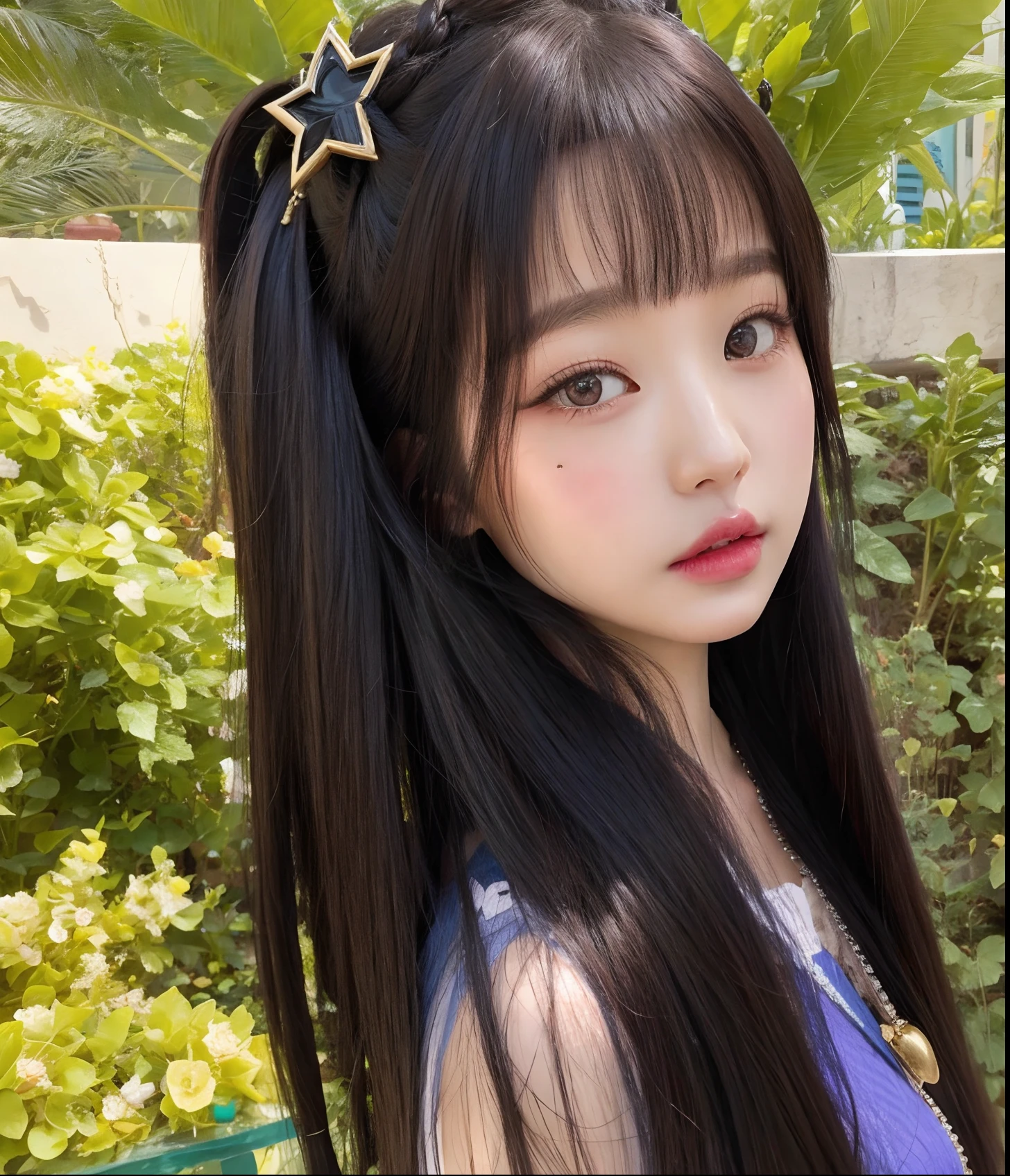 Menina de Araffe com cabelo preto longo e um grampo de cabelo estrela, linda Delphine, preto hime corte cabelo, cabelo preto longo com franja, Ela tem cabelo preto com franja, branco hime corte penteado, 1 7 - - old me goth girl, Menina anime na vida real, O corte Hime, Ulzzang, cabelo comprido com franja completa, Penteado kawaii